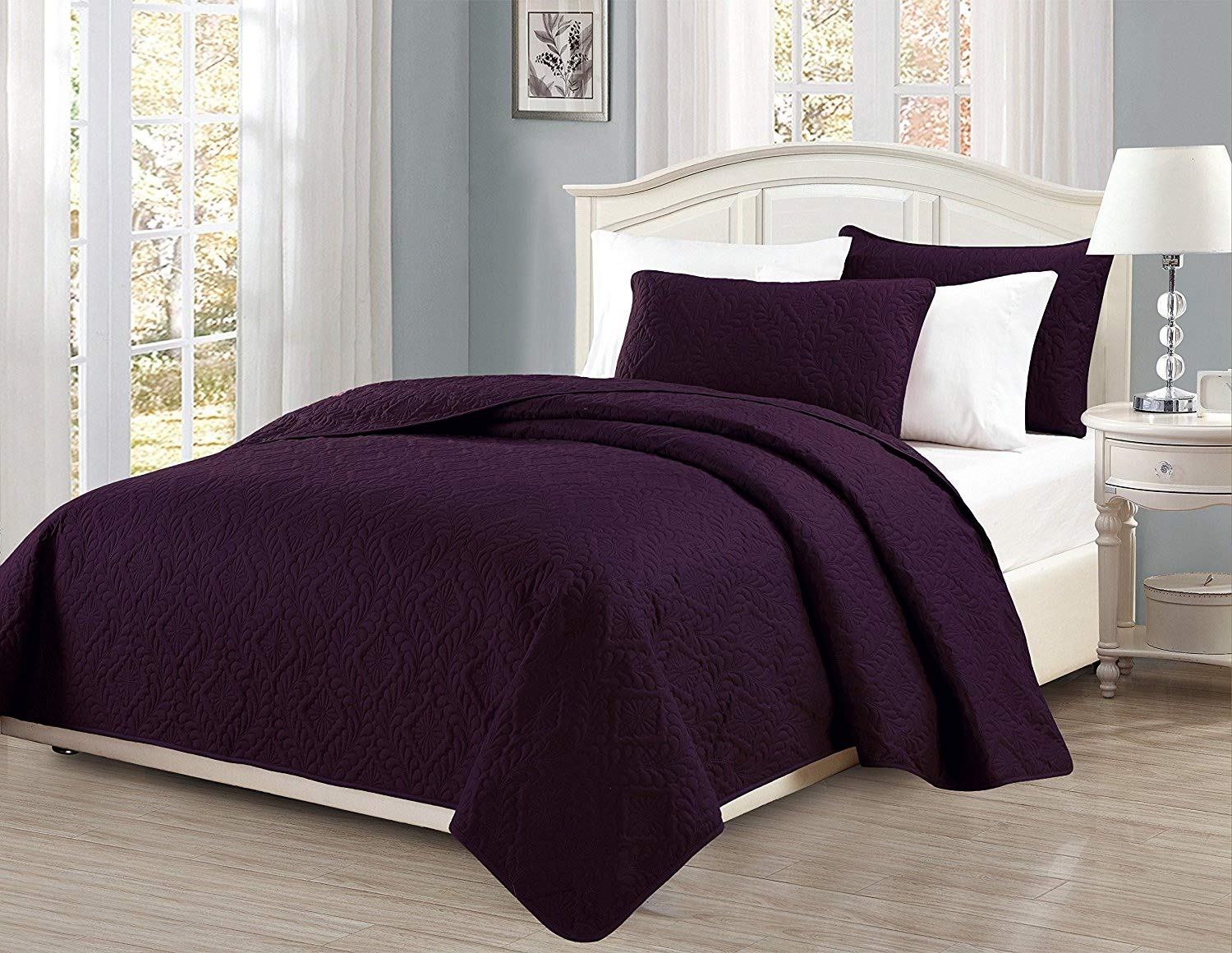 Mk Collection Diamond Bedspread Bed-Cover Embossed Solid Dark Purple New (Full/Queen Size)