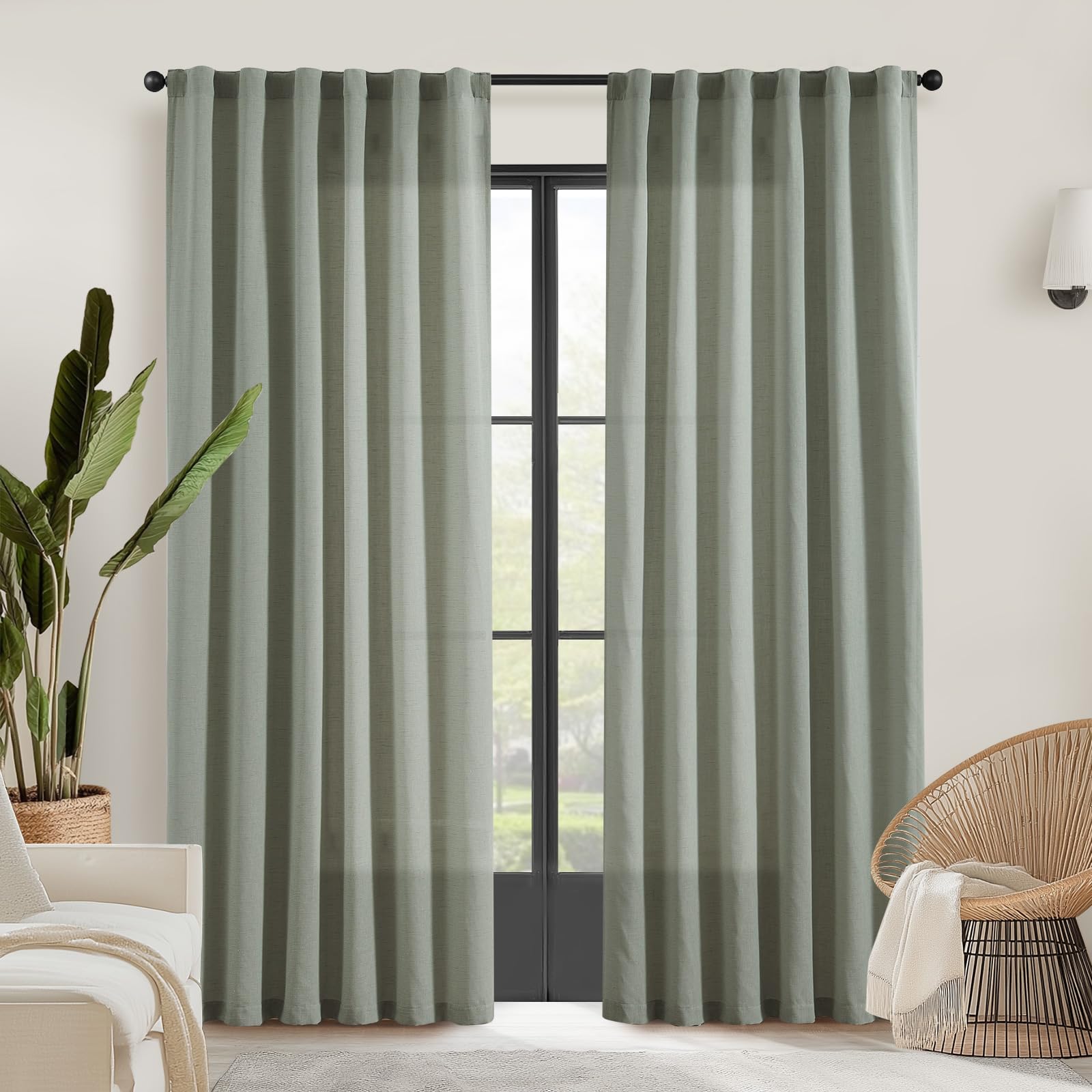 Jinchan Linen Blend Curtains 84 Inches Long For Living Room Farmhouse Rod Pocket Back Tab Light Filtering Window Drapes For Bedroom Curtains Green 2 Panels
