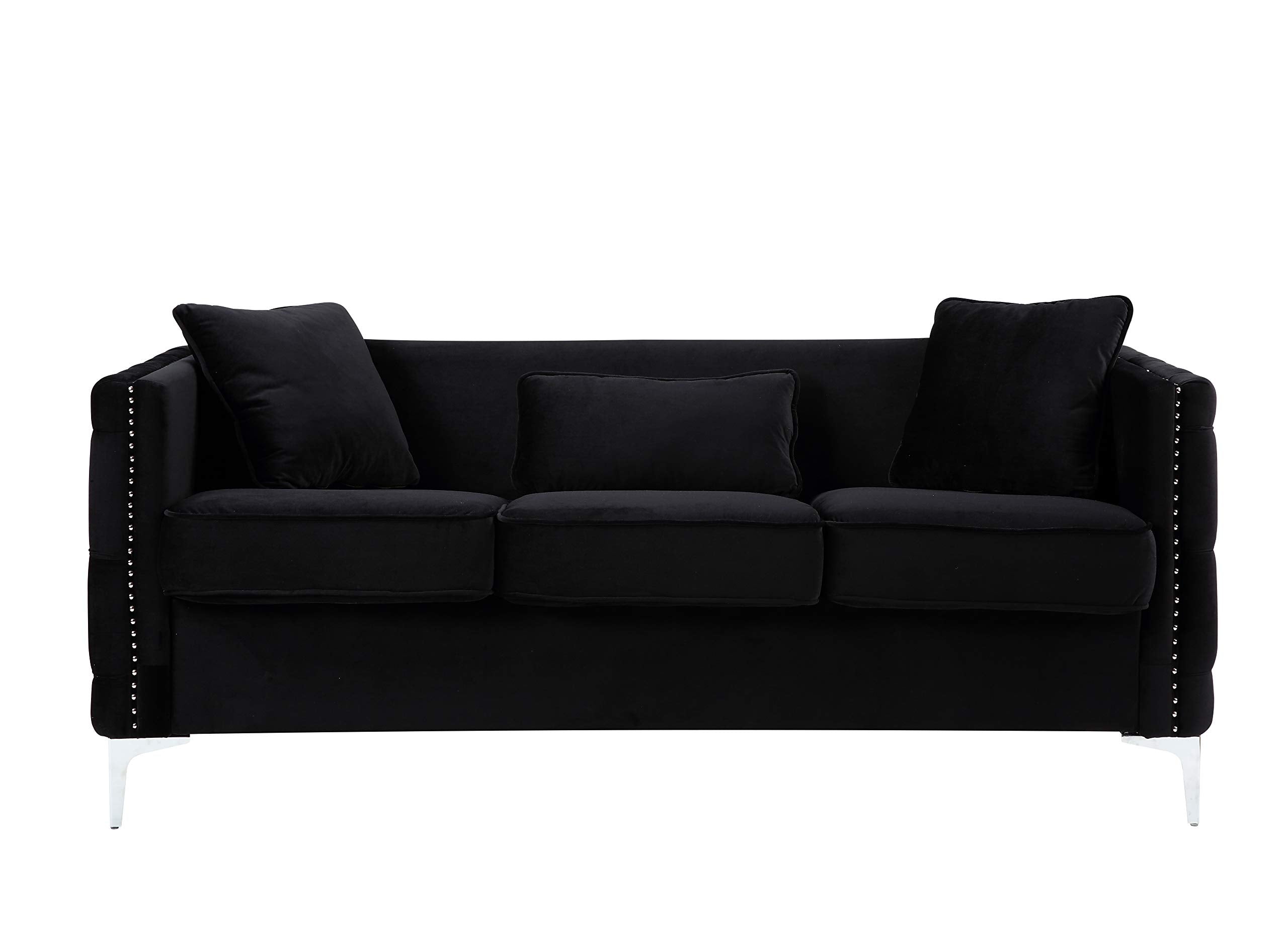 Lilola Home Bayberry Black Velvet Sofa with 3 Pillows