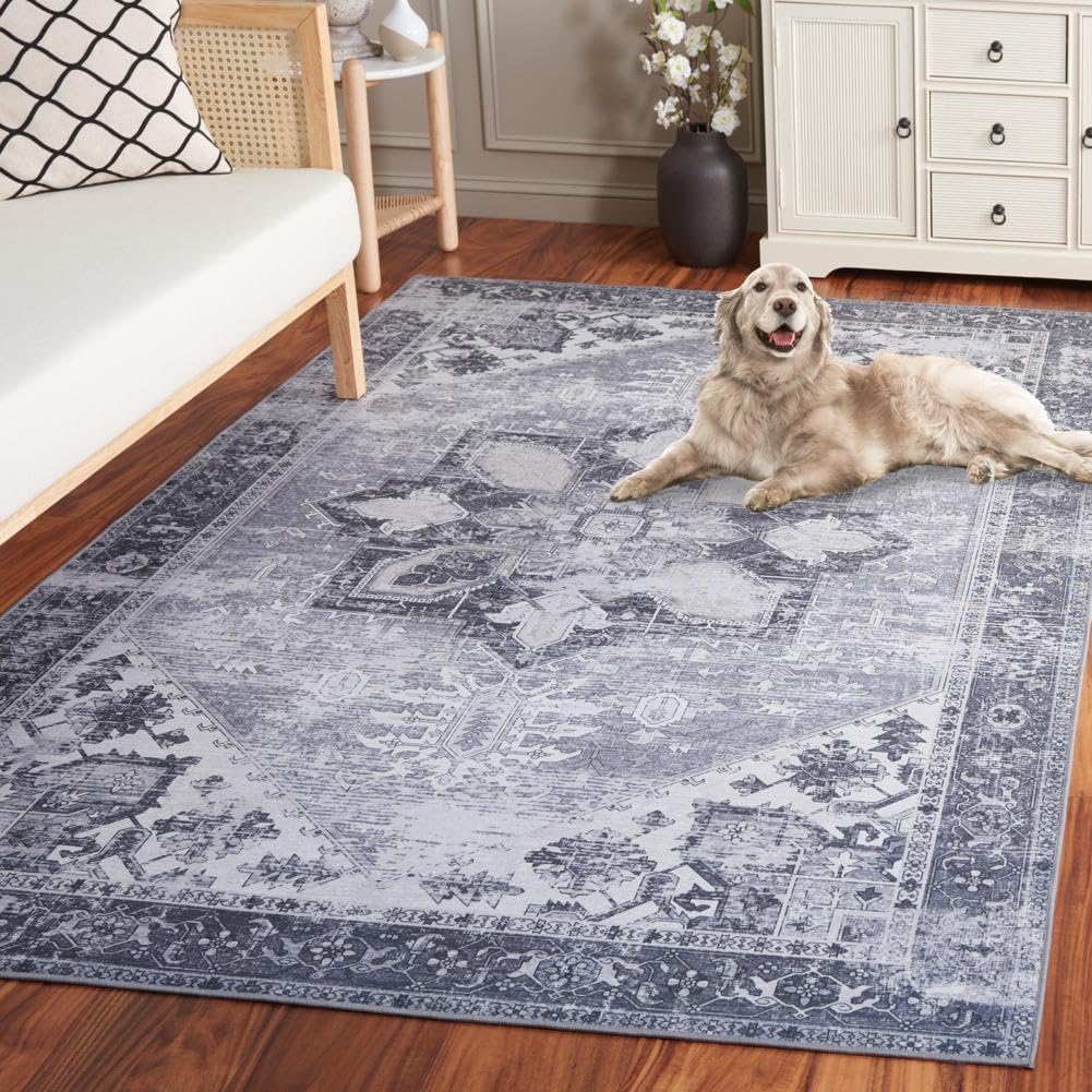 SAFAVIEH Washable Rug Tucson Collection - 26 x 8 Runner, Grey, Slip Resistant, Ideal for High Traffic Areas in Living Room, Ha