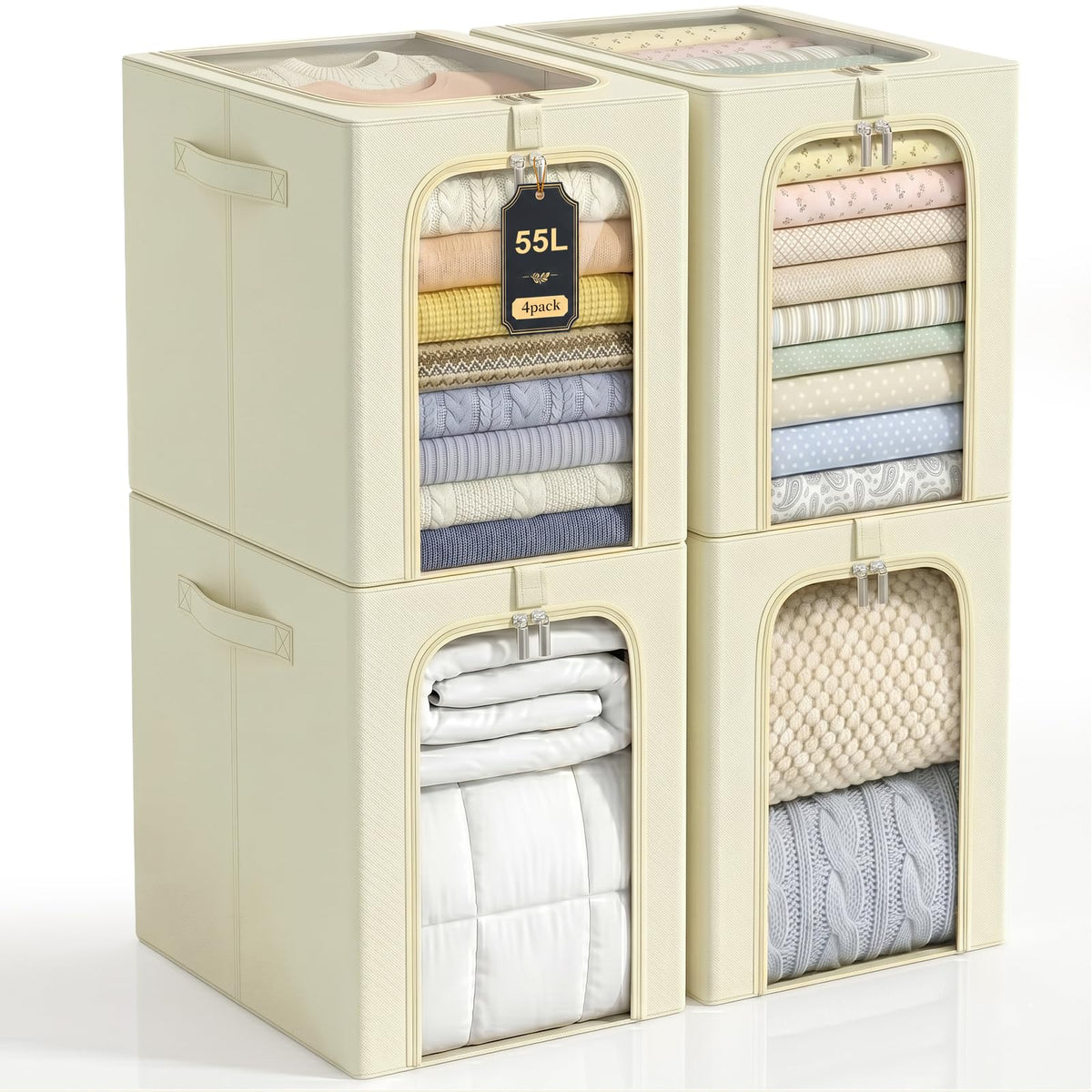 GoMaihe Blanket Storage Bins with Metal Frame for Closet, 55L 4Pack Beige