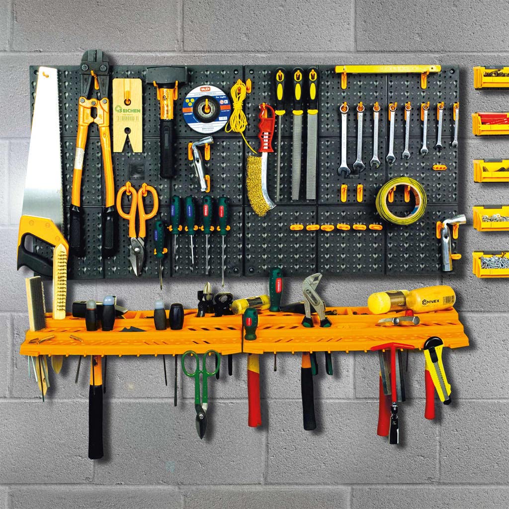 vidaXL Wall-Mounted Tool Wall | Polypropylene Garage Organizer | Storage Solution for Small Items & Hand Tools | Includes 50 Assorted Hooks | Black & Yellow