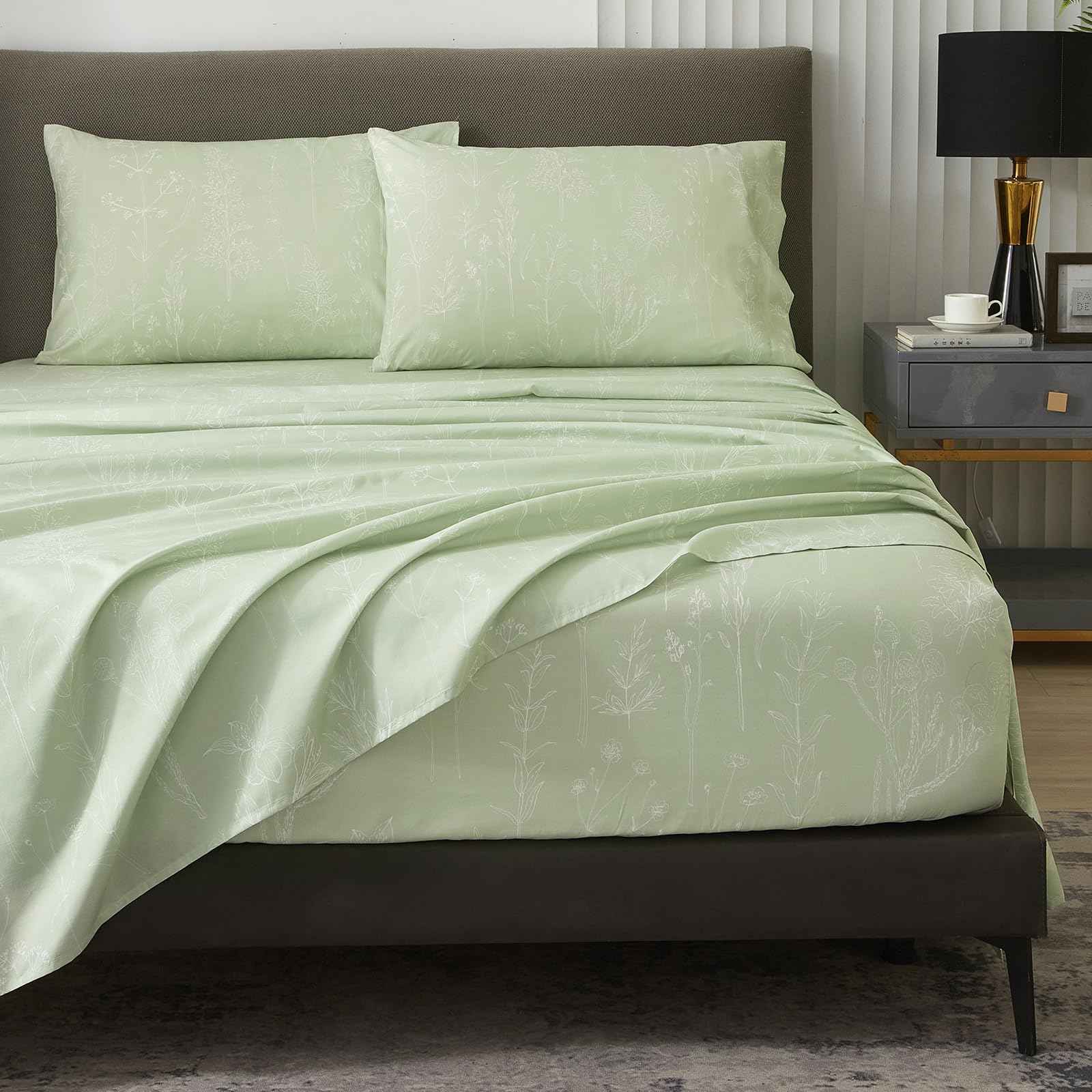 Hyprest Sage Green Sheets Queen, 18 Inch Deep Pocket Sheets Shabby Chic Green Floral Cute Bed Sheets Soft Breathable-1800 Thread