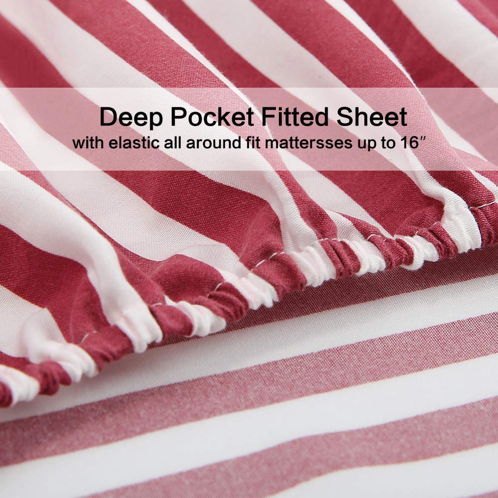 Red Striped Sheets Set Full Size 4 Piece - Super Soft, Easy Care & Breathable Red And White Pinstripe Bed Sheet Set With 16-Inch