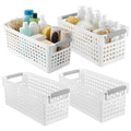 4 Pack Slim Plastic Storage Baskets with Handles,White Rectangular Small Plastic Baskets,Narrow Storage Bins for Organizing, Kit