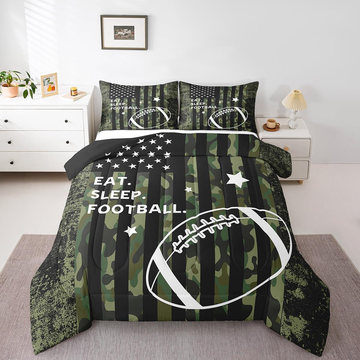 Feelyou Queen Football Bedding Set for Kids Toddler Camo American Flag Comforter Set for Boys Girls Rugby Sports Comforter Teens