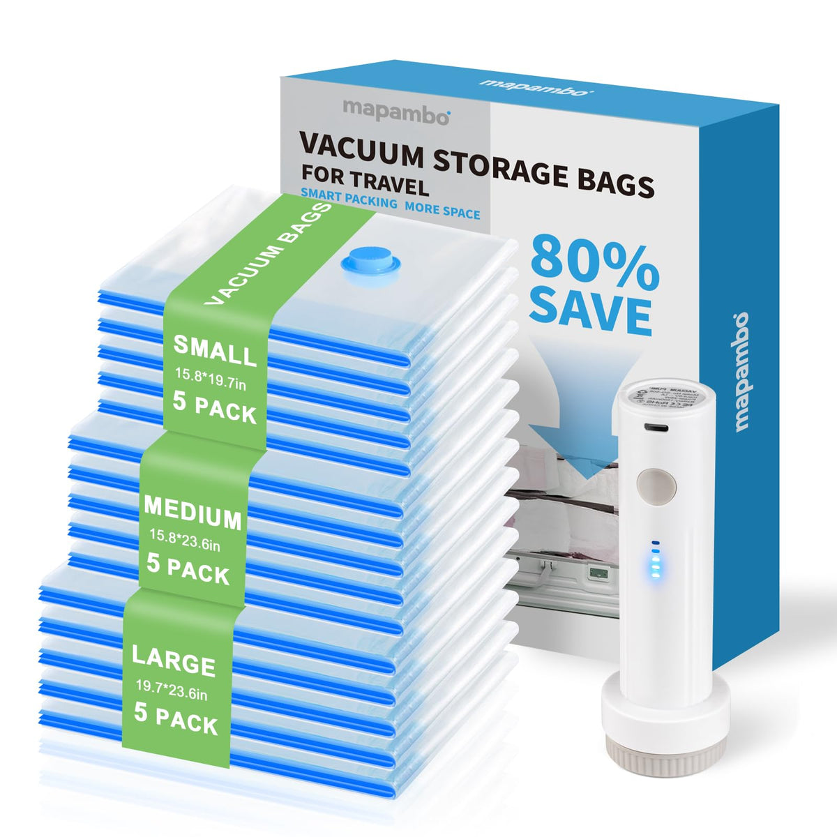 Mapambo Travel Vacuum Bags with 4000Pa Electric pump, 15 Pack Vacuum Seal Bags for Clothing Travel in 3 Combo sizes, Space Save