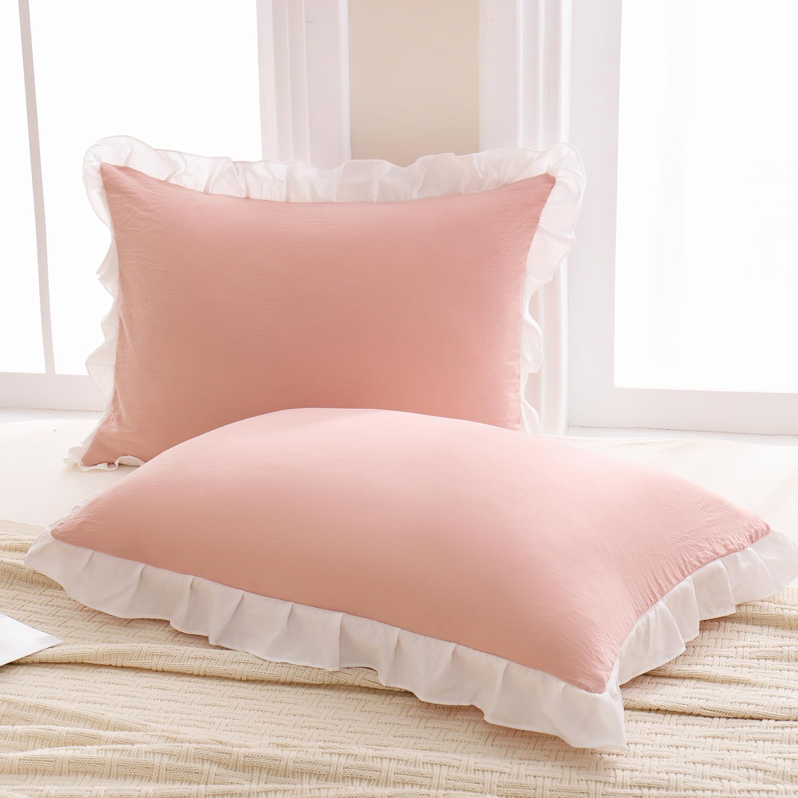 Merryword Pink Pillow Shams Pink And White Reversible Standard Pillowcases Cute Pillow Cover Set Of 2 Soft Shabby Chic Ruffled P