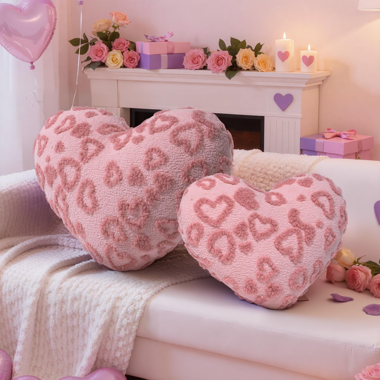 Lanpn Valentines Day Heart Pillows 2Pcs, Love Heart Shaped Pillow Plush Throw Pillow Decorative Cushion for Holiday Home Party C
