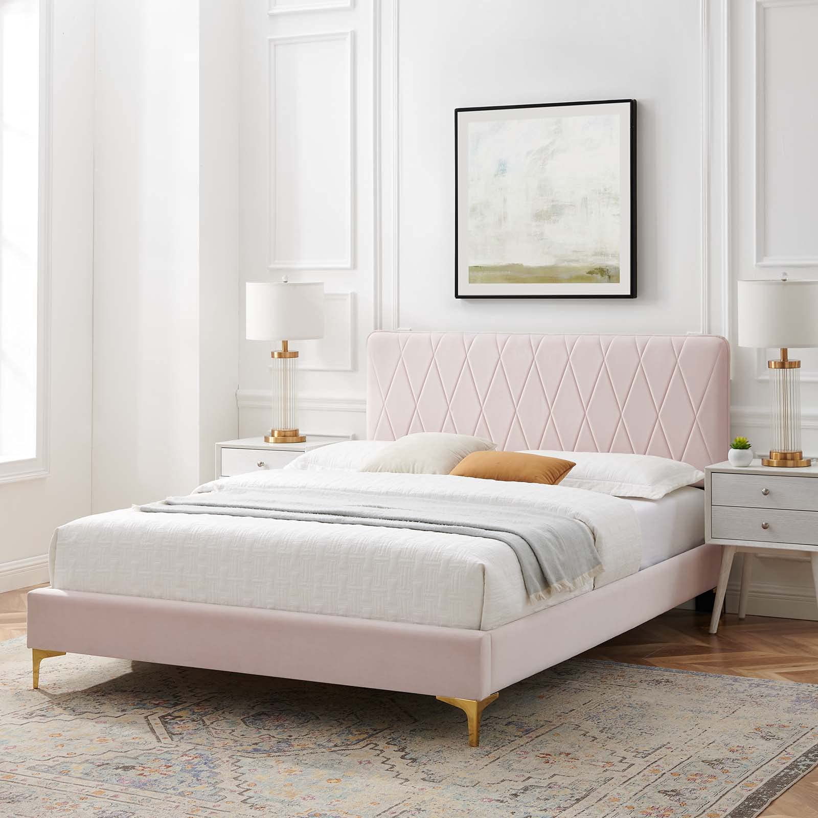 Modway Phillipa Performance Velvet Platform Bed with Gold Legs, King, Pink