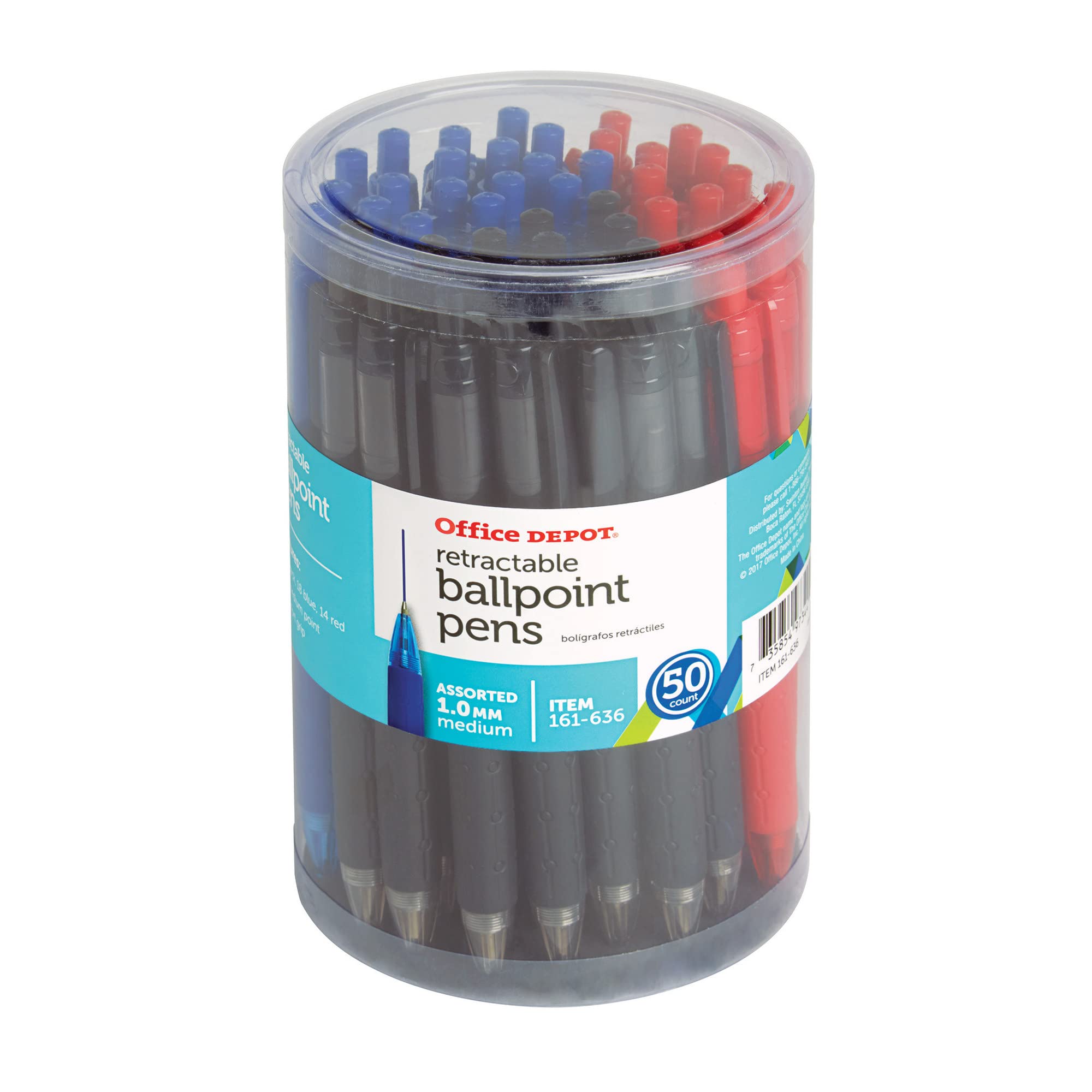 Office Depot Retractable Ballpoint Pens With Grips, Medium Point, 1.0 Mm, Black/Blue/Red Barrels, Black/Blue/Red Inks, Pack Of 5