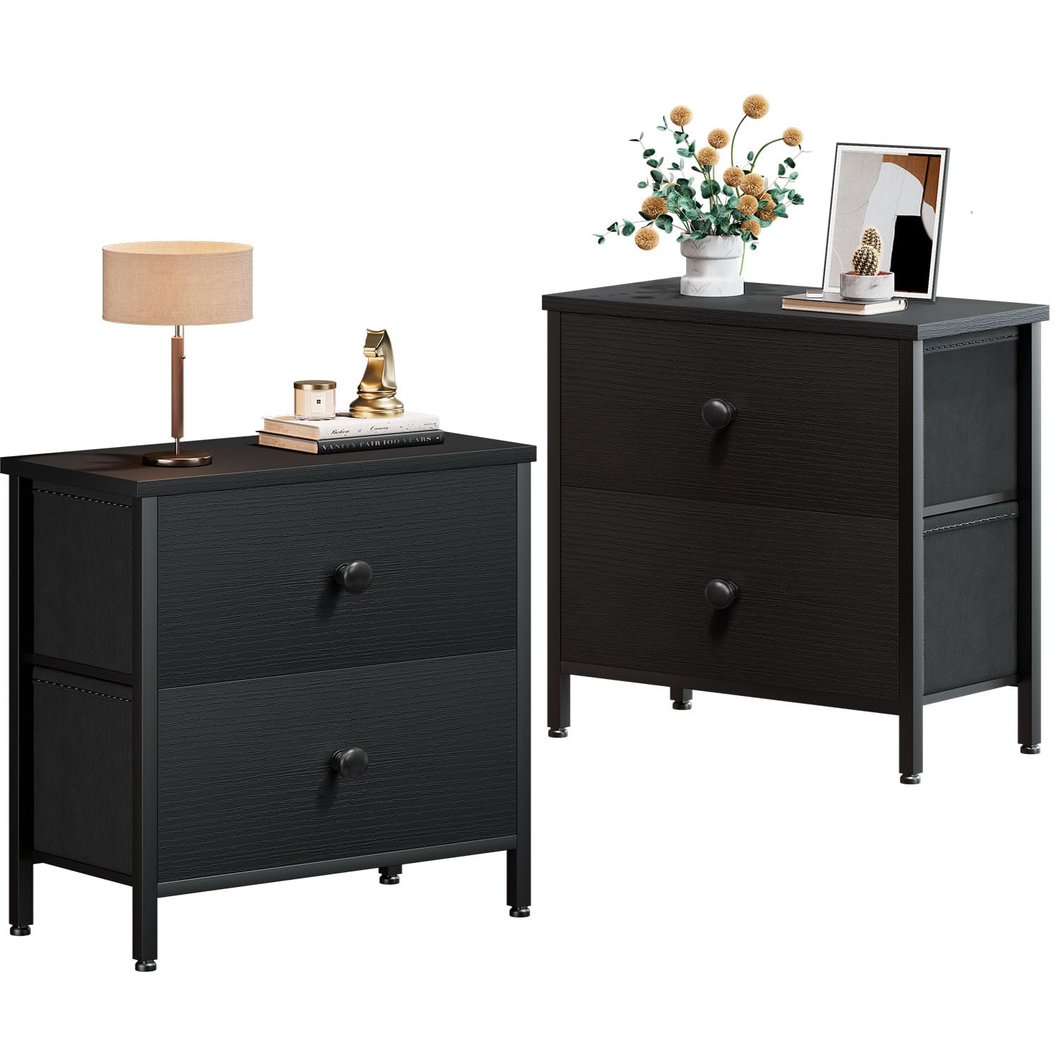 Boluo Black Nightstand Set Of 2, Large Night Stand With Drawers Set 2 Drawer Dresser For Bedroom Modern