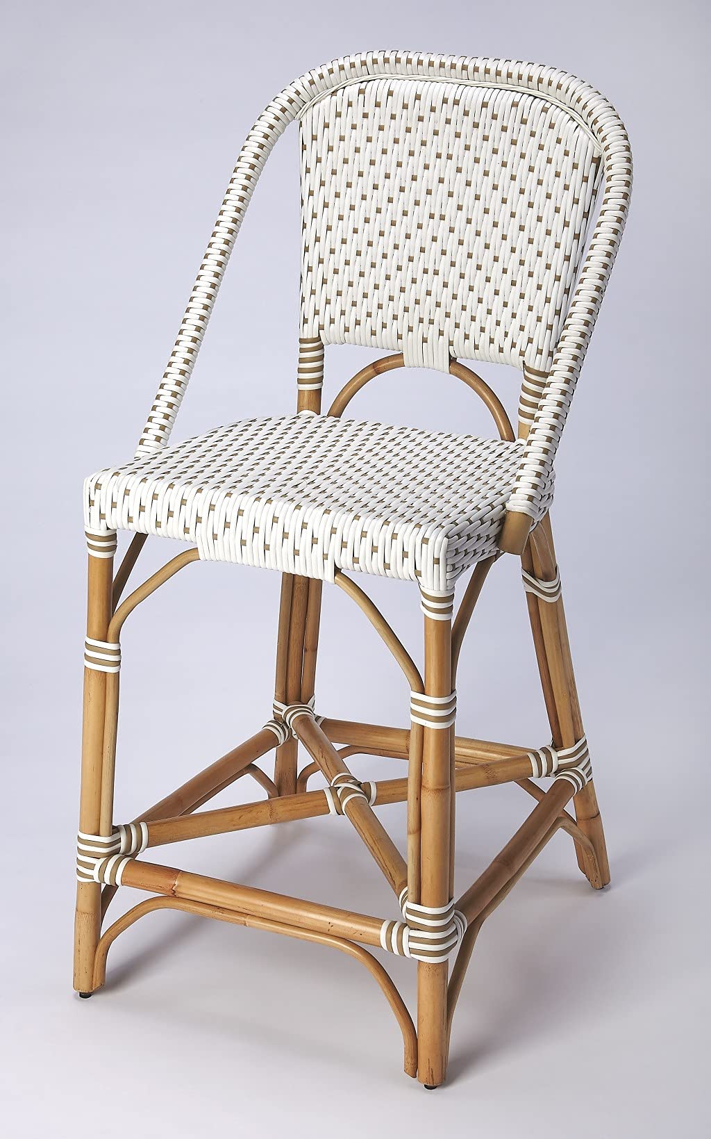 HomeRoots Rattan, PE Plastic Weave White and Tan Beige Rattan Counter Stool