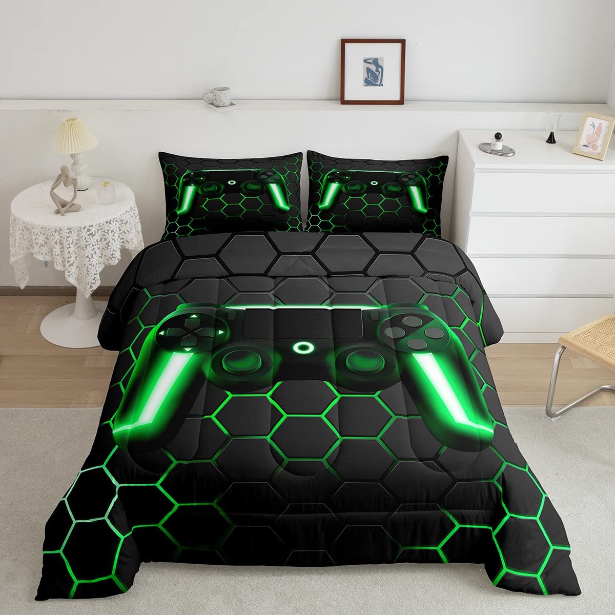 Game Bedding Sets For Boys,Gaming Comforter Set King,Kids Gamer Duvet Set Neon Lights Gamepad Bed Set For Teen Men Bedroom,Geome