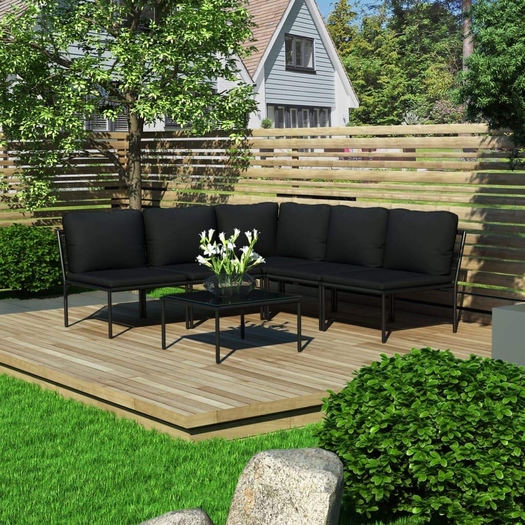 vidaXL 6-Piece Weather-Resistant Patio Lounge Set with Cushions - Elegant Outdoor PVC and Powder-Coated Steel Sectional Seating in Black and Anthracite.