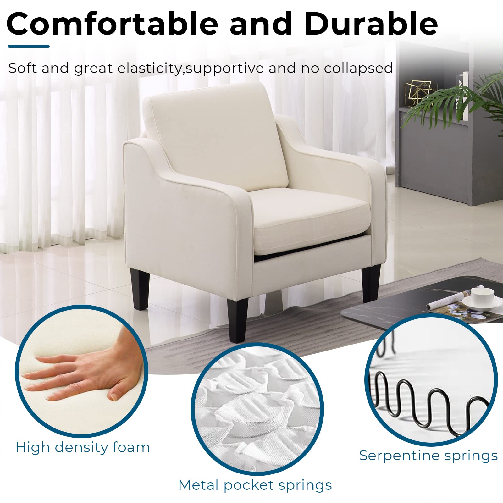 Vingli Mid Century Modern Fabric Accent Chair,Beige For Living Room Upholstered Armchair With Scooped Arms For Bedroom,Apartment,Studio,Office,Waiting Room,Beige