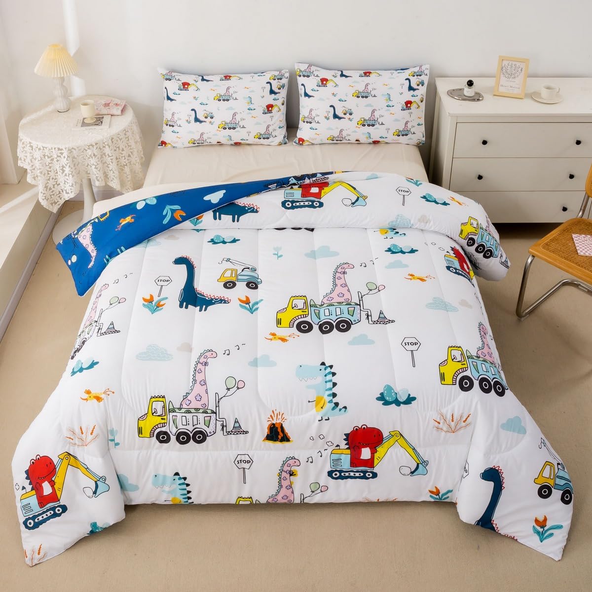 Cartoon Dino Excavator Comforter Set Toddler Size, Cartoon Car Dinosaur Construction Comforter Set Kids Toddler Construction Veh