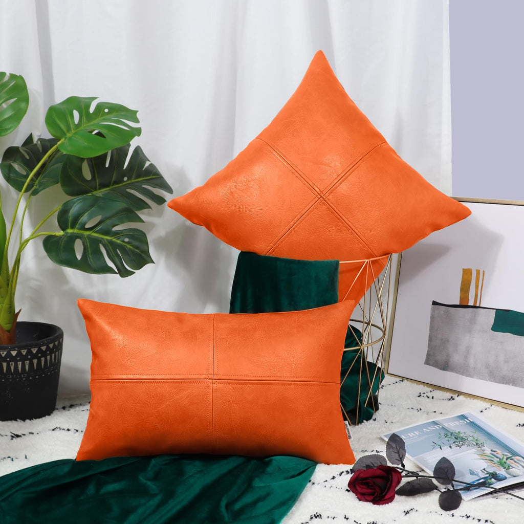 Brawarm Faux Leather Throw Pillow Covers 18 X 18 Inches, Orange Leather Pillow Cover, Hand Stitched Leather Decorative Pillow Co