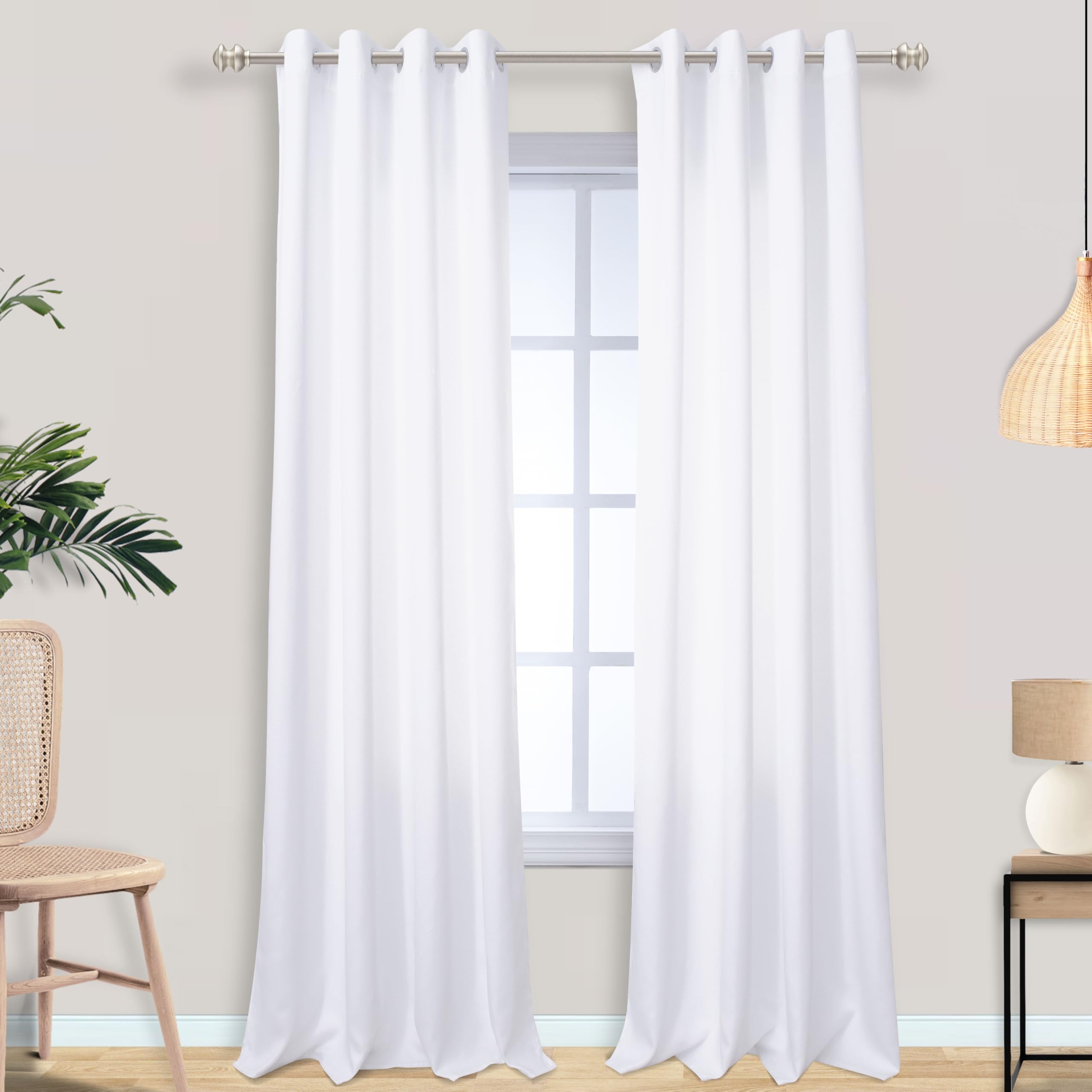 Mrs.Naturall White Curtains 102 Inches Long For Living Room 2 Panels Set,Grommet Thermal Insulating Block Sun 60% Blackout Heigh