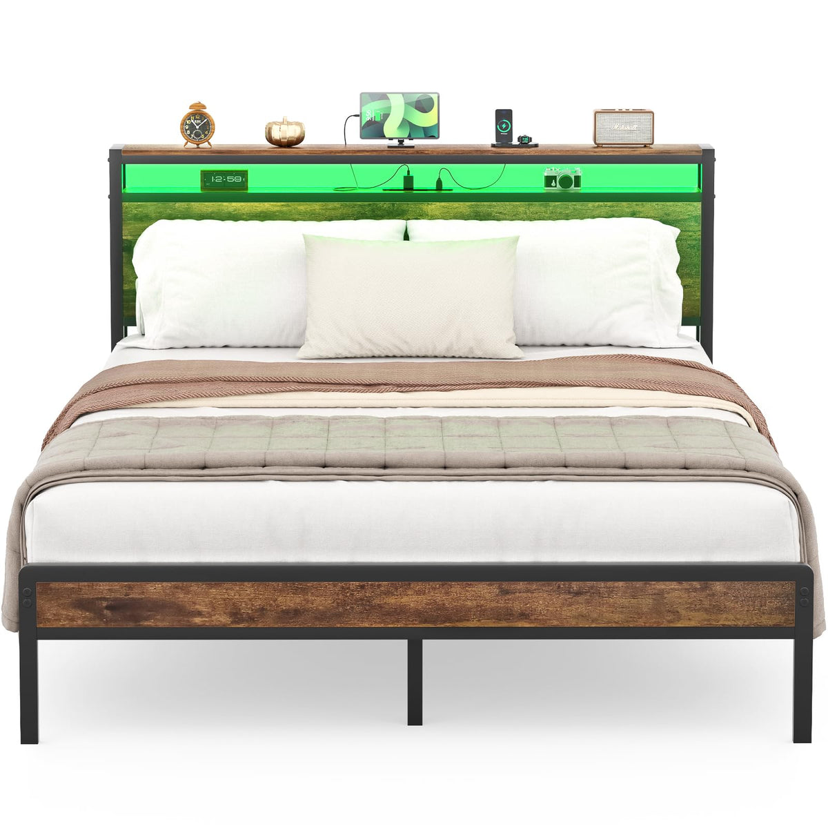 Homieasy Queen Size Bed Frame with Charging Station and Led Lights, Industrial Platform Bed with Storage Headboard, Steel Slat S