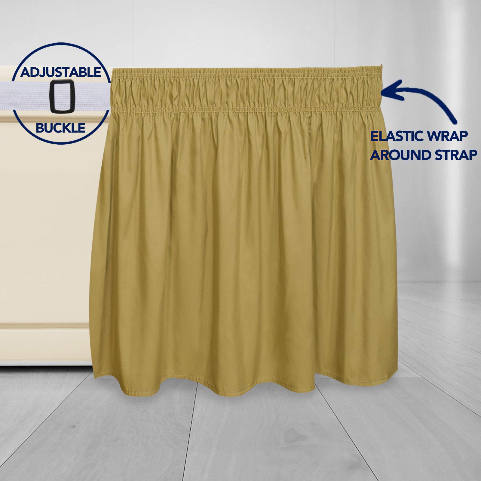 Purefit Wrap Around Ruffled Bed Skirt With Adjustable Elastic Belt - 14 Inch Drop Easy To Put On, Wrinkle Free Bedskirt Dust Ruffles, Bed Frame Cover For Queen, King And C-King Size Beds, Gold