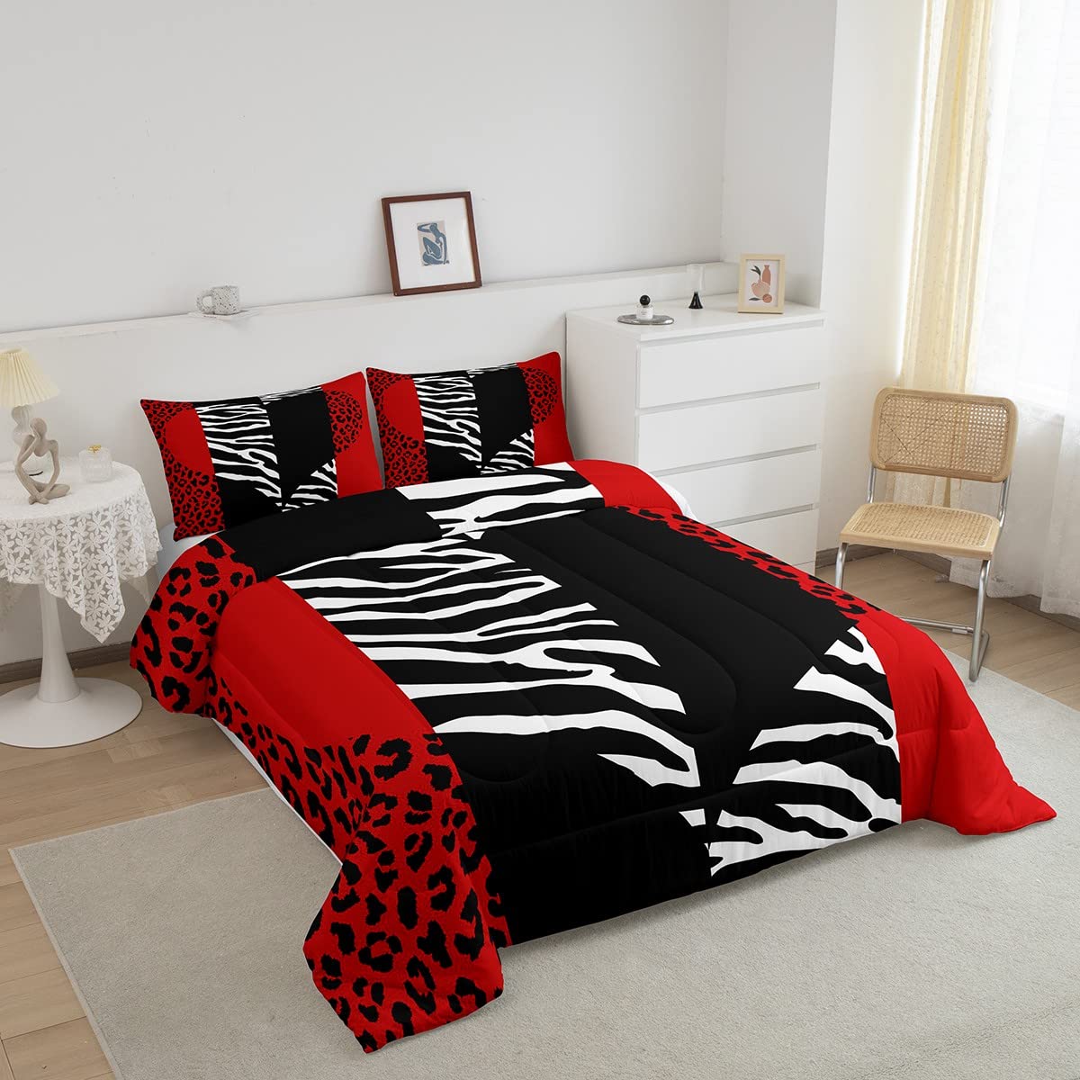 Leopard Zebra Comforter Set King Size,Wild Animals Skin Bedding Set 3Pcs For Teens Adults Room Decor,Red Black Geometric Striped Heart Quilt Set Romantic Microfiber Duvet Insert With 2 Pillowcases