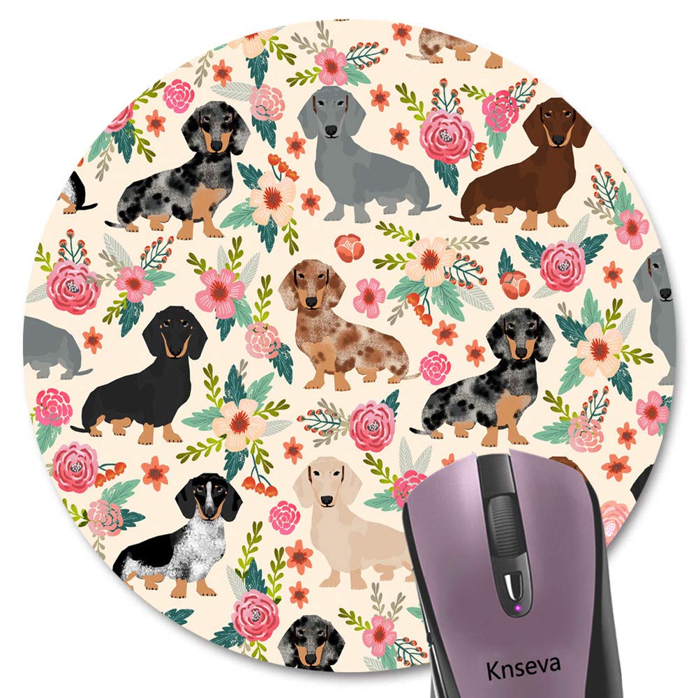 Knseva Cute Colored Floral Daschund Round Mouse Pad Seamless Dachshund Sausage Dogs Puppies Pink Flowers Print Art Circular Mous