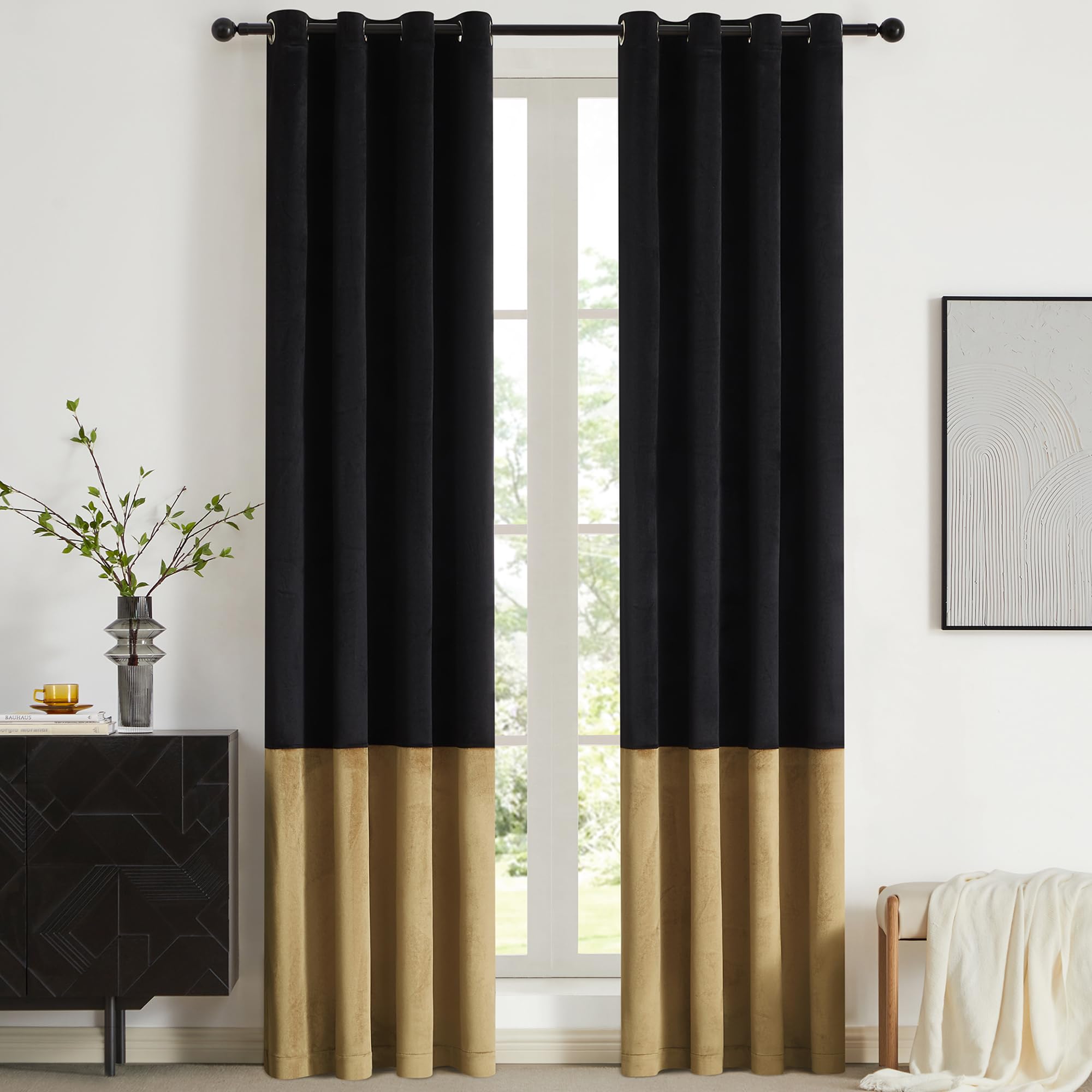 Bulbul Black Gold Color Block Window Curtains Panels 96 Inches Long Velvet Farmhouse Drapes For Bedroom Living Room Darkening Tr