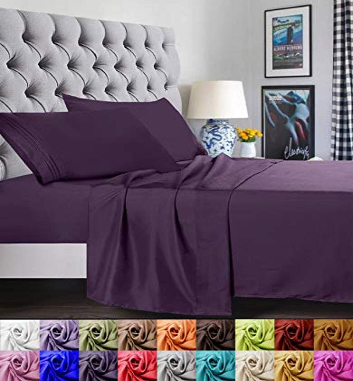 Elegant Comfort 1500 Premier Luxury Hotel Quality Super Soft Wrinkle Free And Fade Resistant 4-Piece Bed Sheet Set, Queen Purple