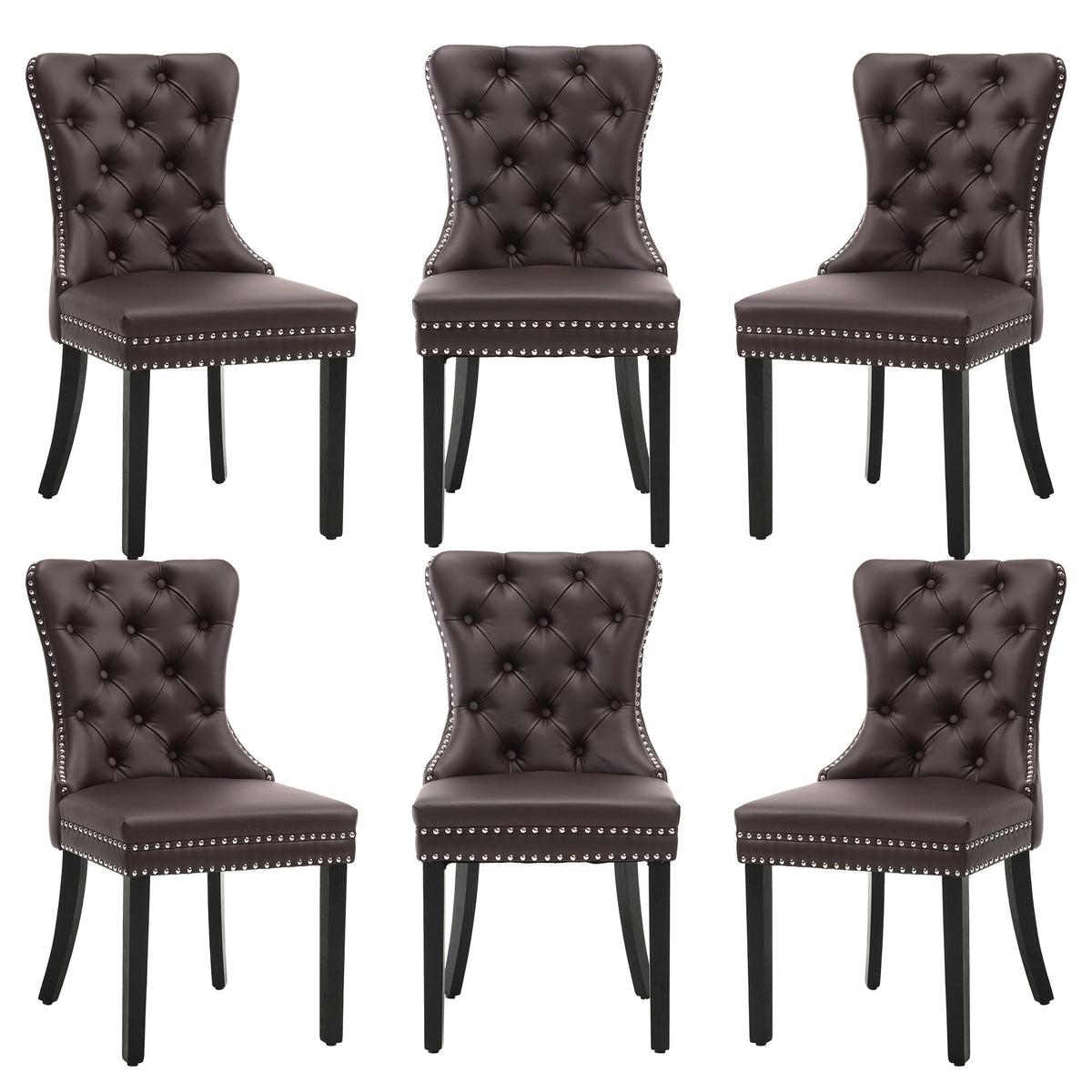 Goolon Pu Leather Dining Chairs Set Of 6, Upholstered Button Tufted Dining Room Chairs With Rivet Trim Metal Pull Ring Wood Legs