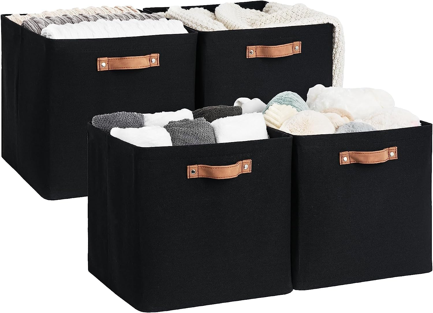 StorageWorks 13x13 Storage Cubes, Collapsible Storage Bins Organizer for Closet, Fabric Storage Box with PU Handles, Black, 4-Pa