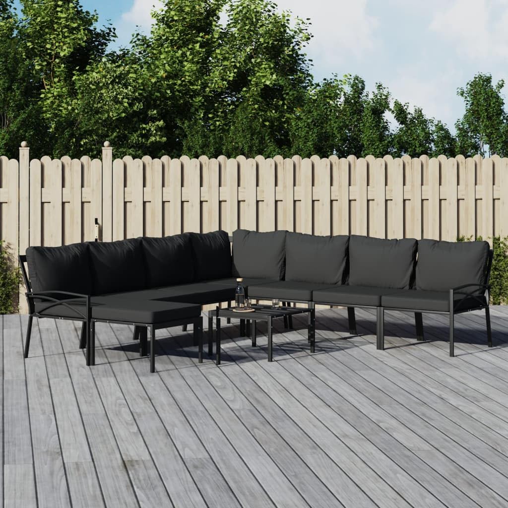 vidaXL 9 Piece Patio Lounge Set, Industrial Style, Outdoor Furniture, Steel Frame, Soft Cushions, Easy Assembly, Gray Cushions with Black Frame, Heavy-Duty Up to 242.5 lb