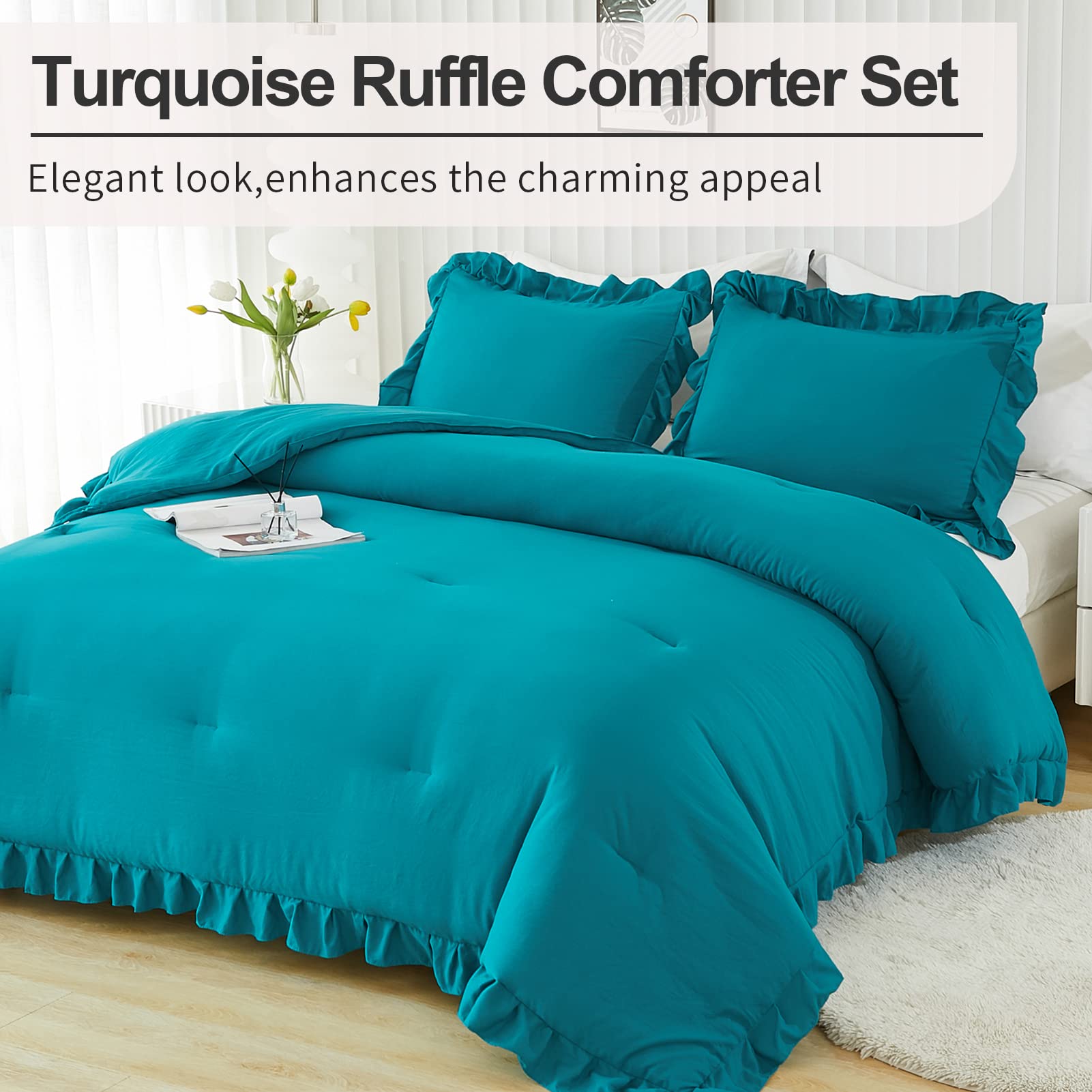 Andency Turquoise Comforter Set Twin Size, 2 Pieces Shabby Chic Ruffle Bed Comforter Set For Kids Boys Girls, All Season Soft Lightweight Solid Down Alternative Bedding Set