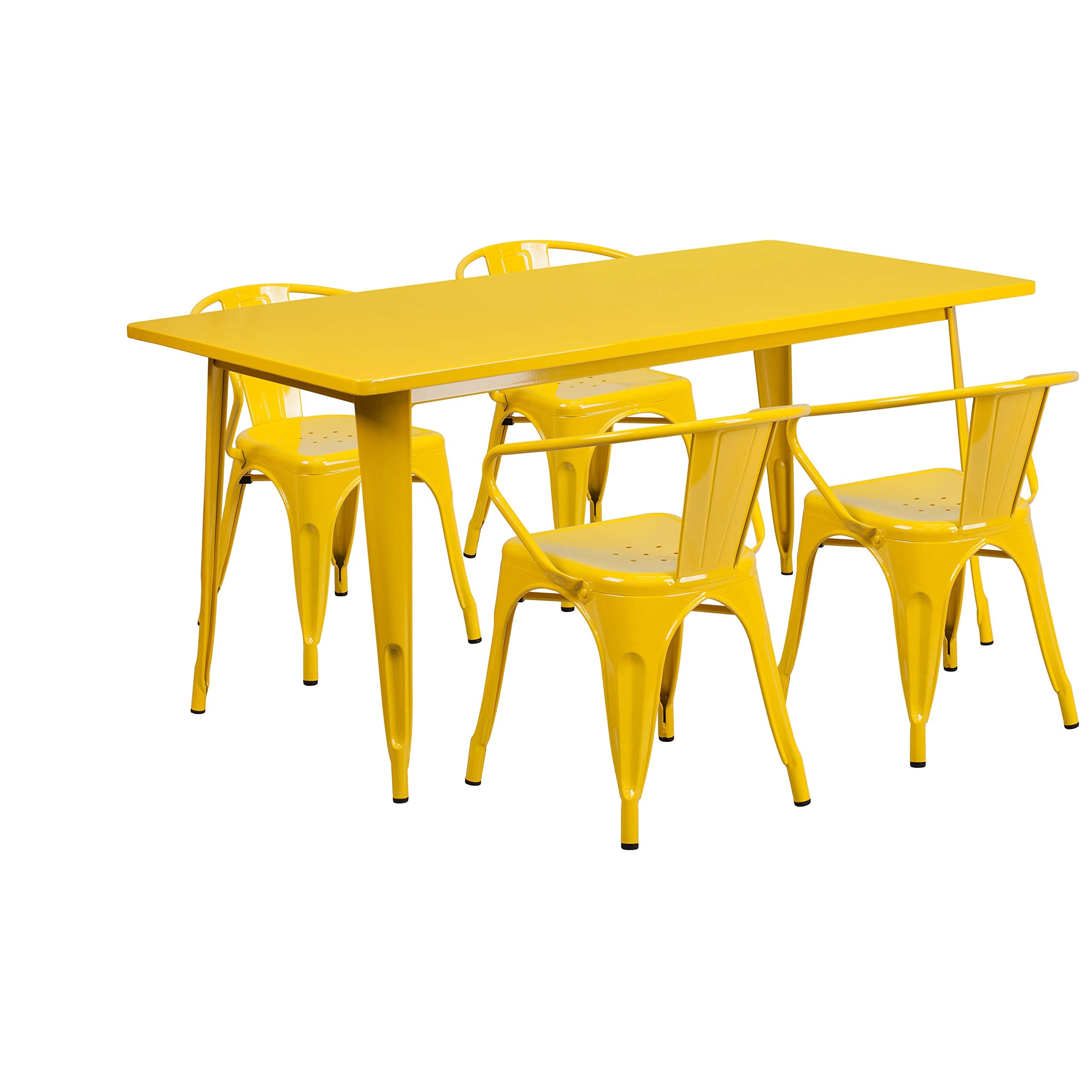 Flash Furniture Commercial Grade 31.5&quot; x 63&quot; Rectangular Yellow Metal Indoor-Outdoor Table Set with 4 Arm Chairs