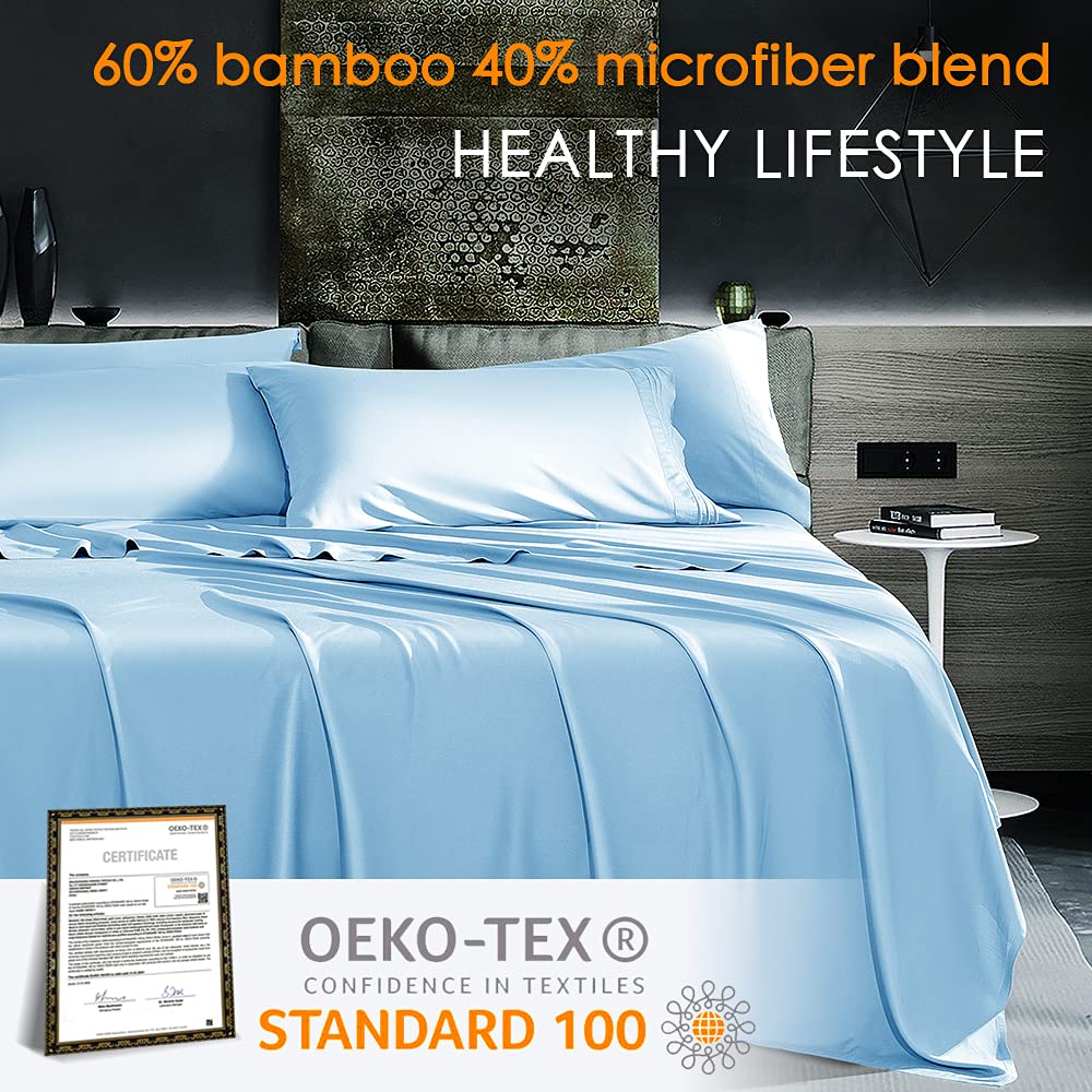 Shilucheng Bamboo Bed Sheet Set King Lake Blue 1800 Thread Count 6-Piece Deep Pocket