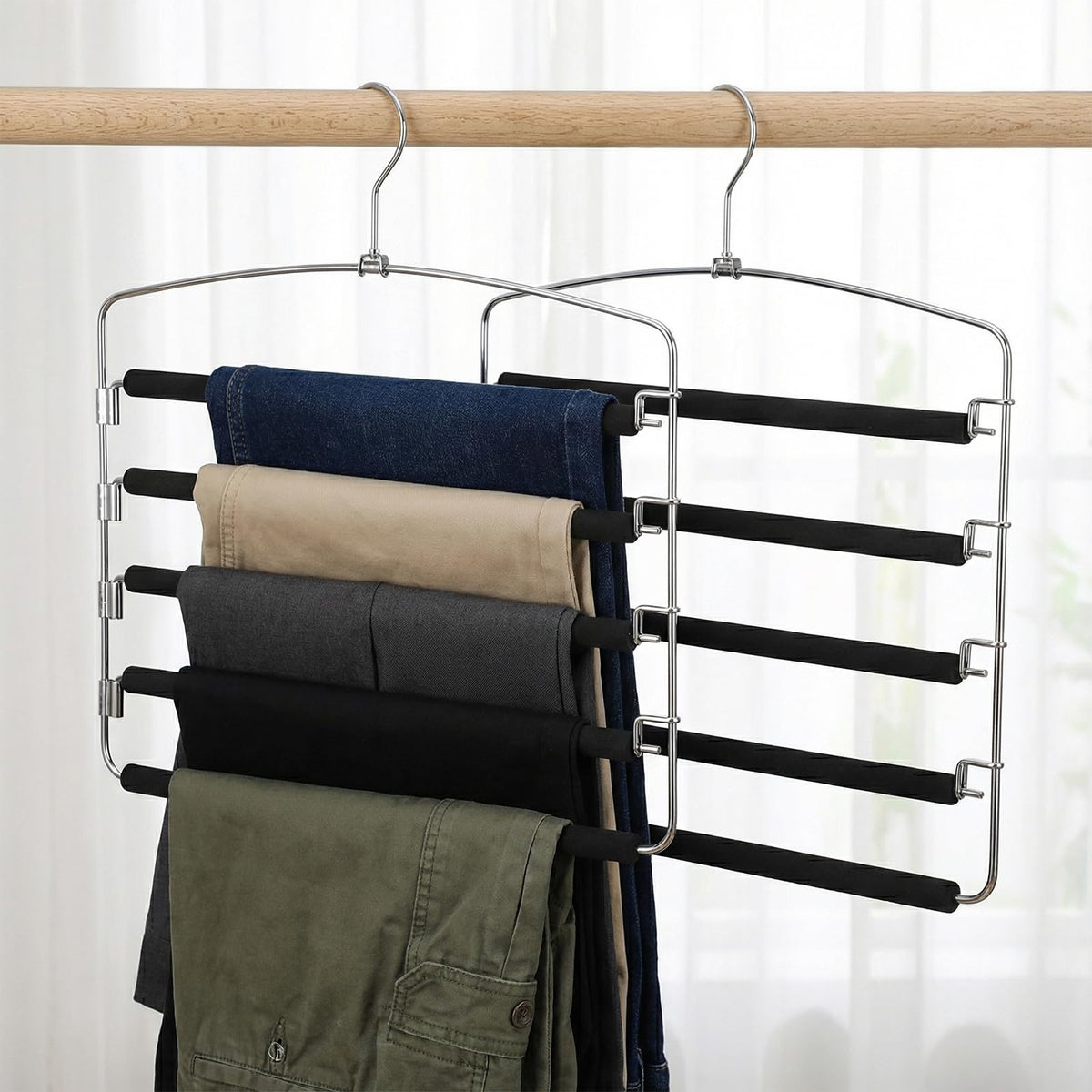 2 Pack 5 Tier Pants Hanger, MultiTier Pants Hangers Space Saving, 5Layer Swing Arm Pant Hanger, Stainless Steel Closet Organiz