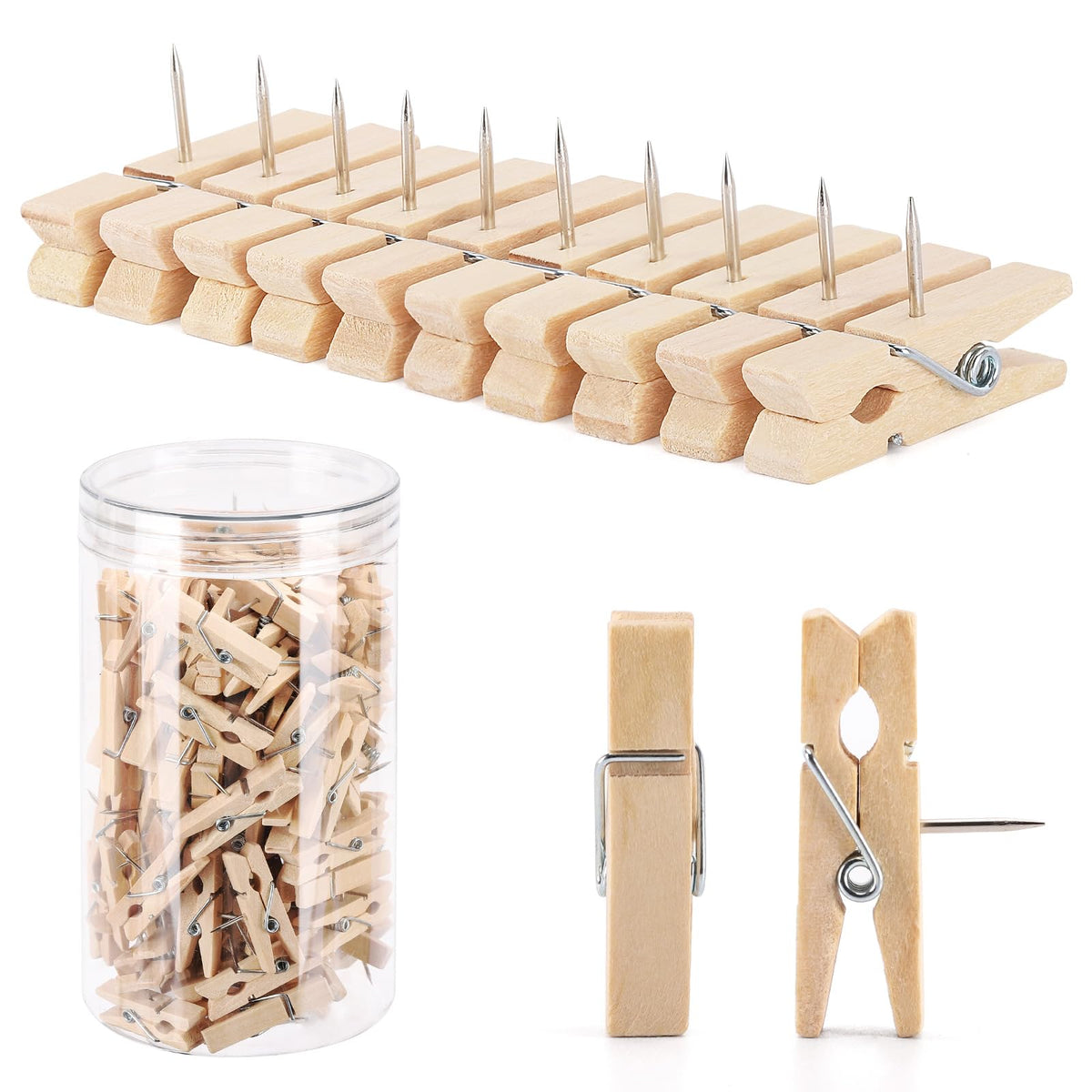 120 Pcs Push Pin With Wooden Clips Durable Wooden Push Pins For Cork Board Artworks Notes Photos, Craft Projects, Offices And Ho