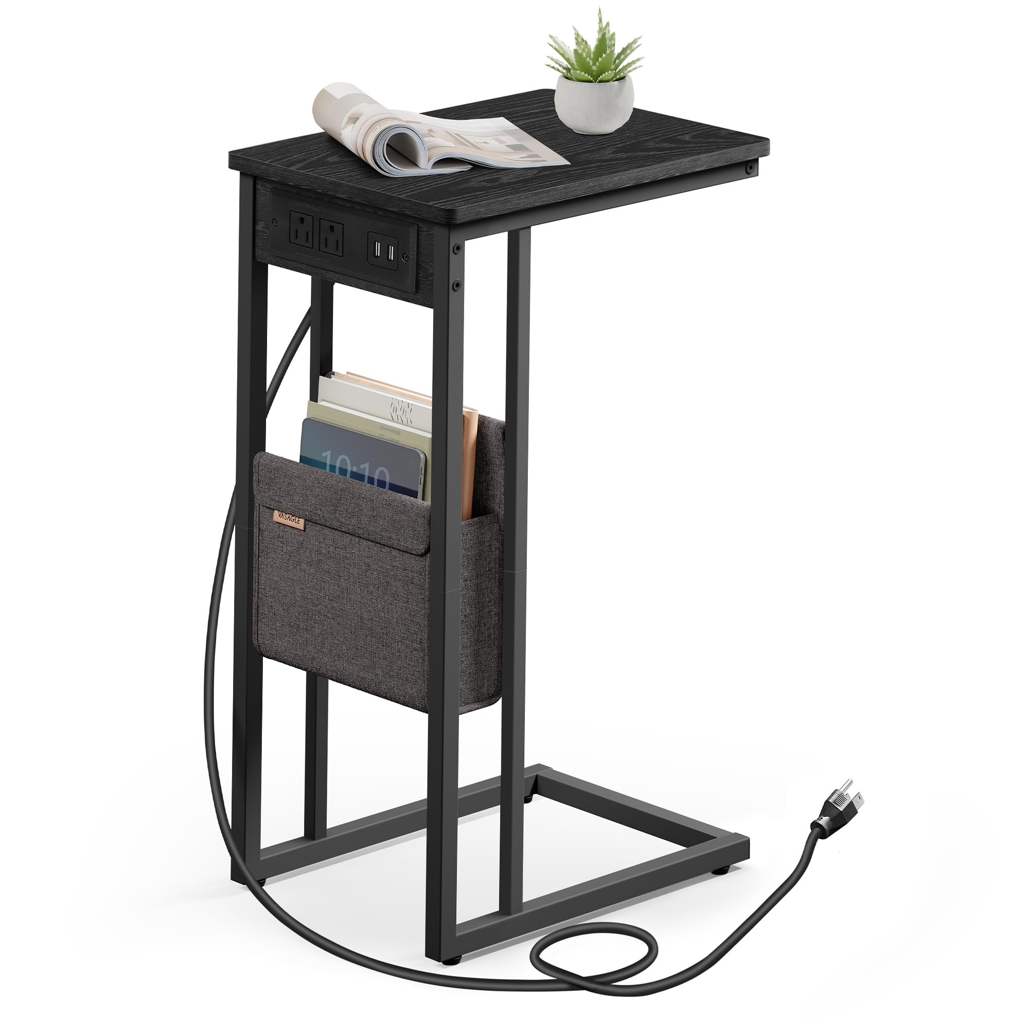 VASAGLE C-Shaped Side Table, End Table with Charging Station, 2 USB Ports and Outlets, C Table for Couch, Sofa, with Storage Bag