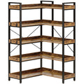 Rolanstar Bookshelf 5 Tier with 4 Hooks, Reversible Corner Bookshelf, 65 Industrial Wooden Bookcase with Open Shelves and Metal 