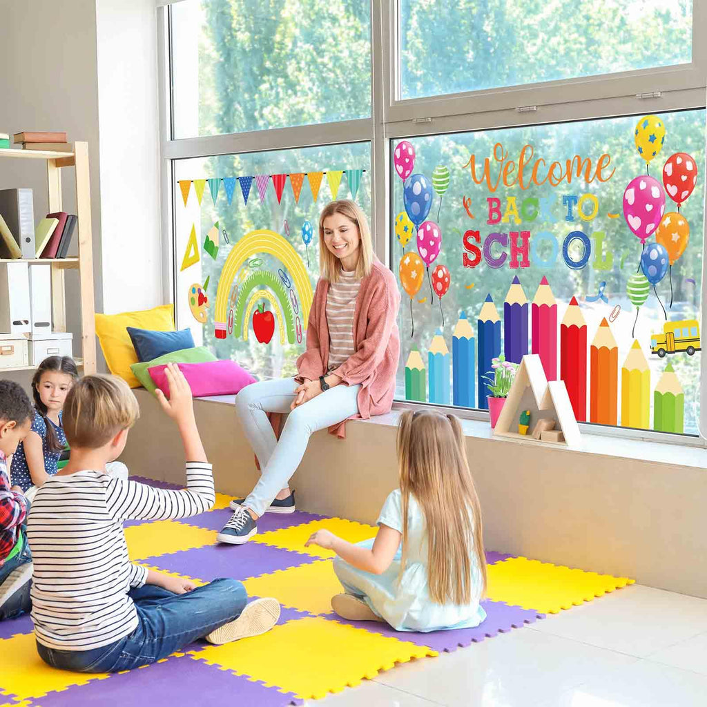 Generic Anydesign 6 Sheet Welcome Back To School Window Clings Colorful Pencil Rainbow Balloon Reusable Window Decals For First