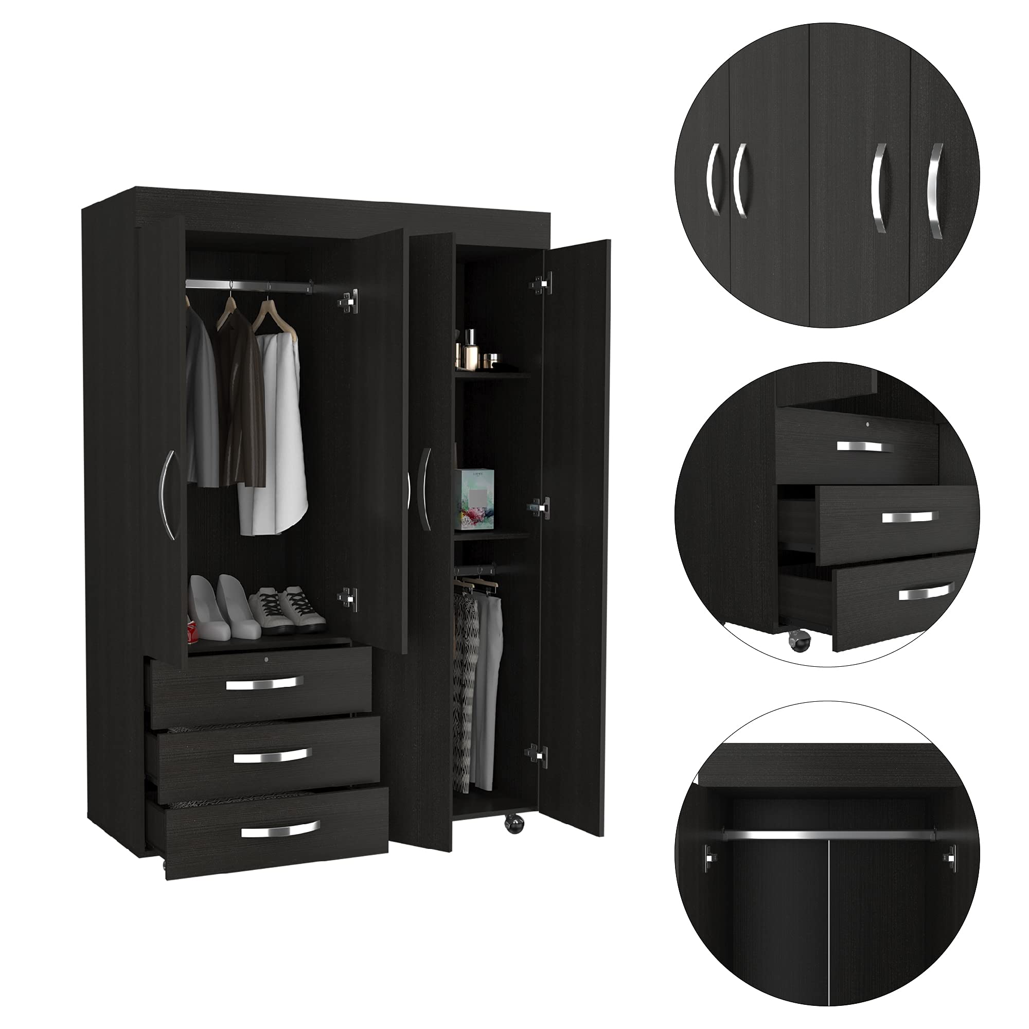 DEPOT E-SHOP Hamilton Mobile Armoire with 2 Double Door Cabinets, 3 Drawers, 2 Rods, and Inner Shelves, Black