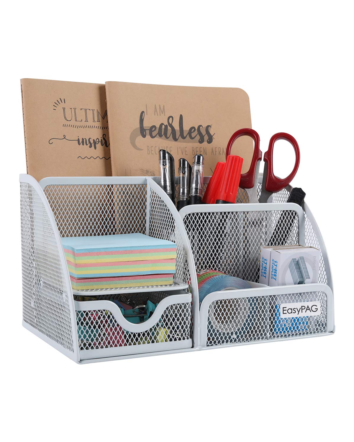 Easypag Mesh Office Desktop Organizer With Drawer Metal Stationary Desk Caddy, 6 Compartments,White
