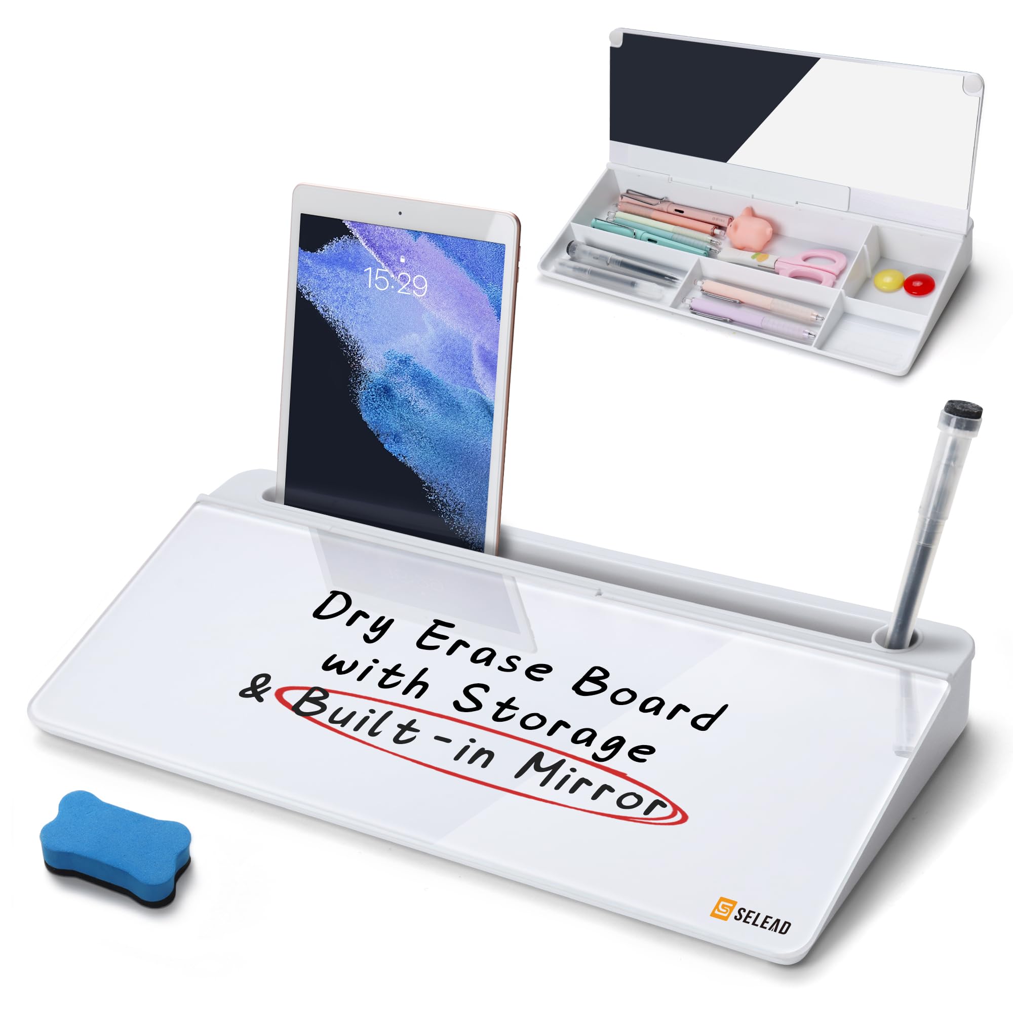Selead Desktop Glass Whiteboard With Organizer & Built-In Mirror, Small Dry Erase White Board Computer Pad Keyboard Stand For Ho