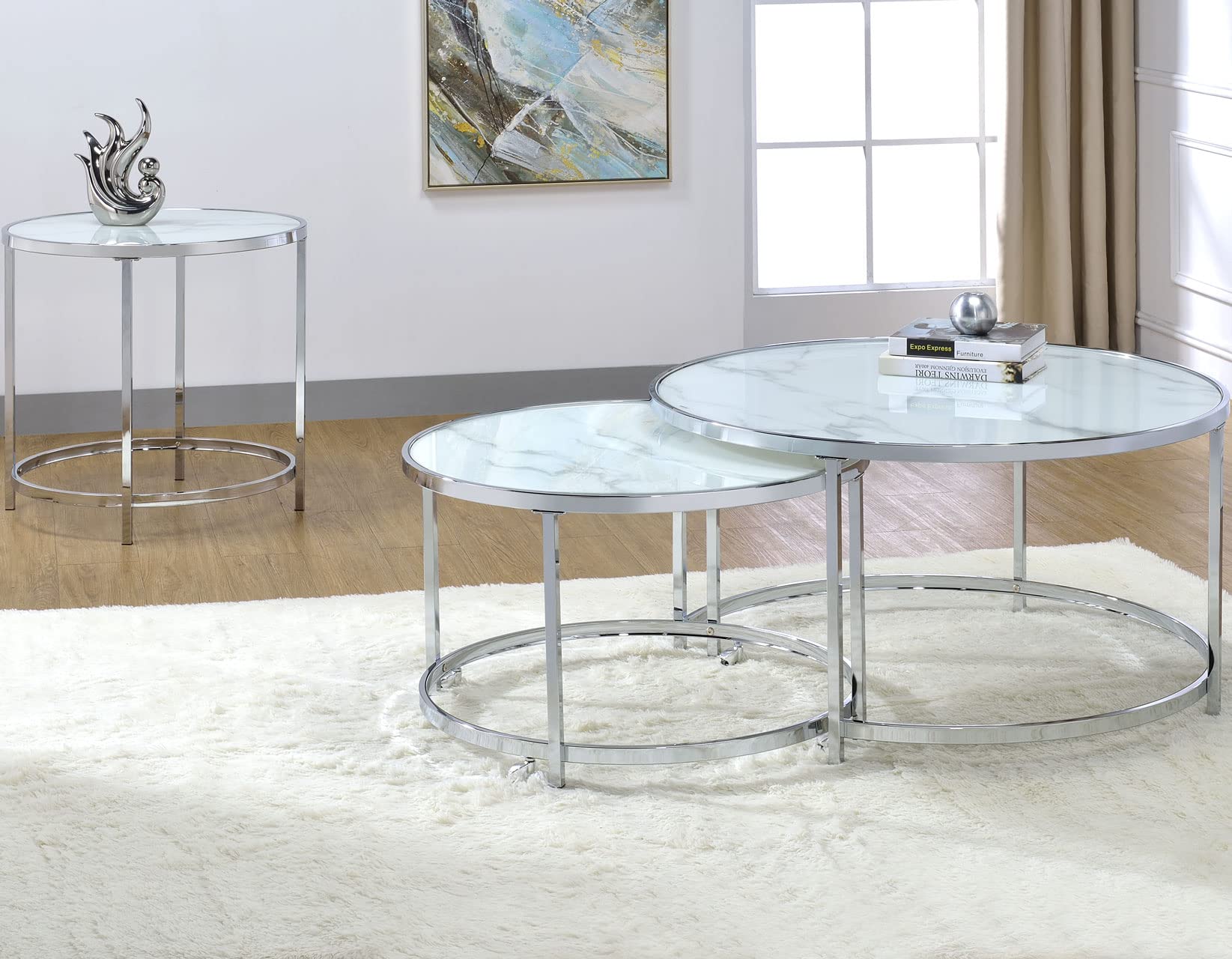 Steve Silver Rayne Nesting End Table Glass Top, Base, Modern Design, Finish Faux, 24&quot; L x 24&quot; W x 24&quot; H, White Marble,Chrome