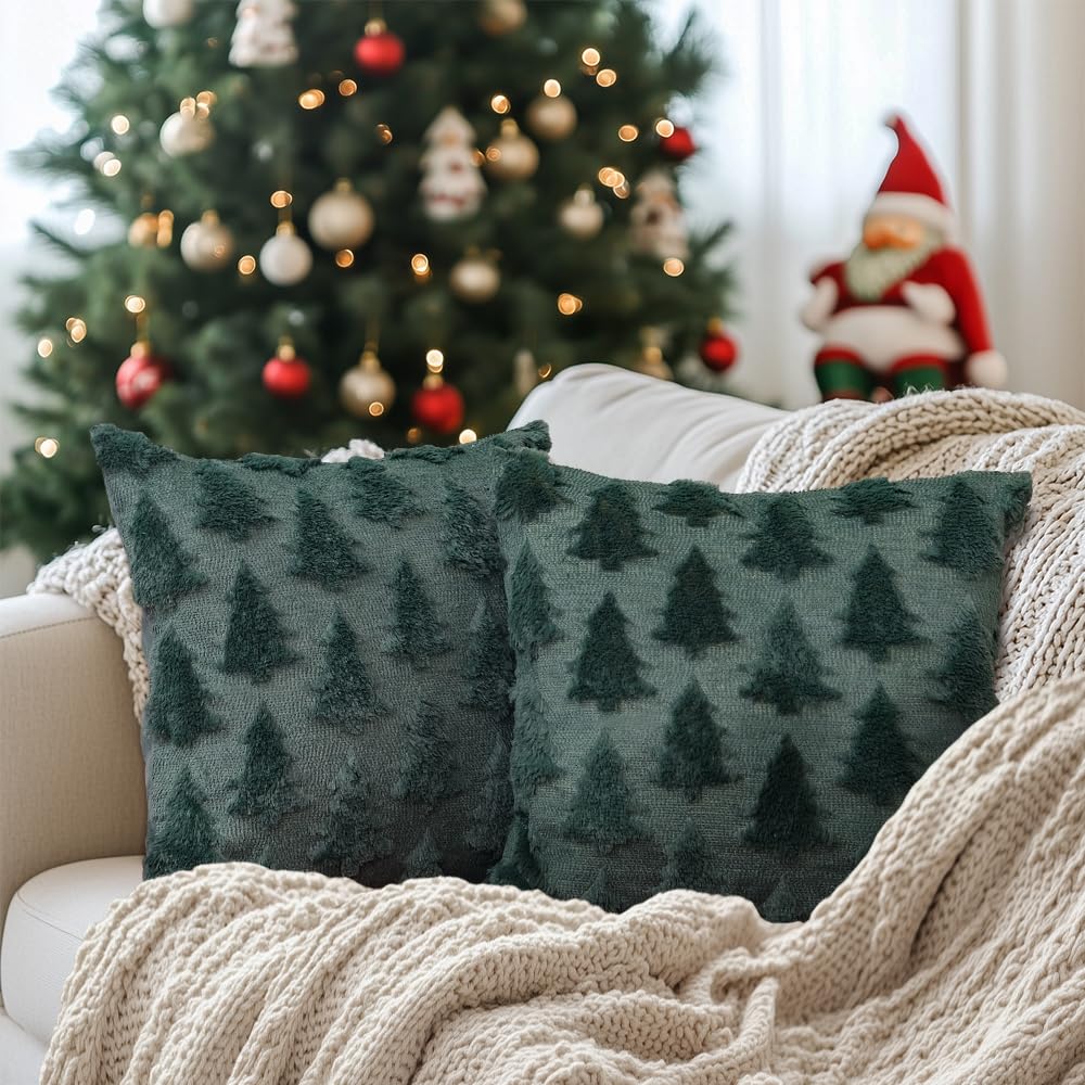 Geeory Christmas Tree Throw Pillow Covers 20X20 Inch Set Of 2, Xmas Winter Soft Plush Faux Fur Wool Decorative Farmhouse Holiday
