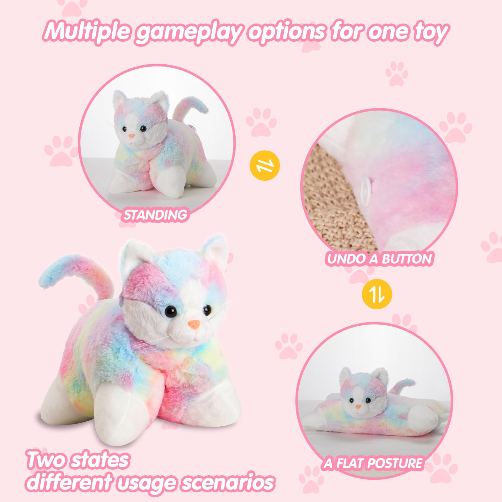 Glow Guards 16' Rainbow Cat Plush Pillow,Cute Kitty Stuffed Animal Soft Lovely Colorful Toy,Bedtime Sofa Decors,Christmas Birth