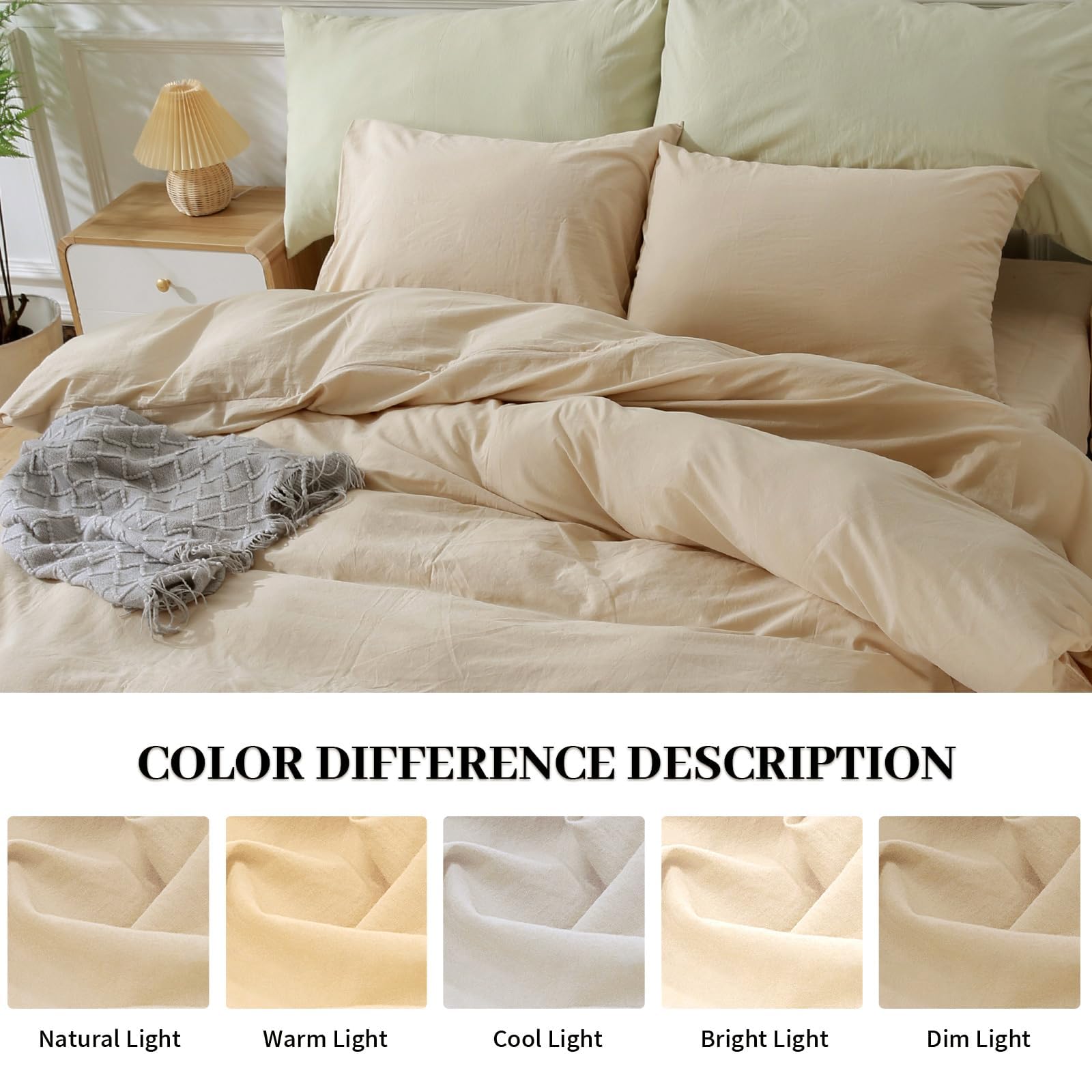 Nexhome Pro Duvet Cover Queen Size, 100% Washed Cotton Linen Feel Textured Organic Natural Duvet Cover, 3 Pieces Bedding Set With Zipper Closure, Breathable, Soft Beige (No Comforter)