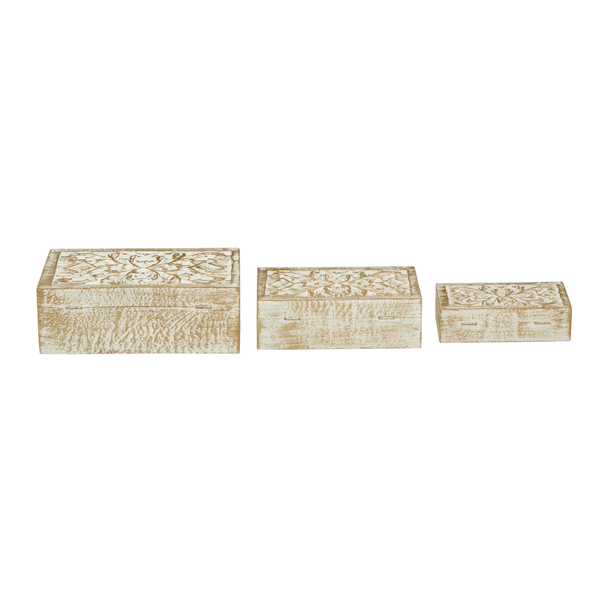 Deco 79 Mango Wood Floral Handmade Decorative Box Decorative Keepsake Boxes With Hinged Lid, Set Of 3 Storage Boxes 8'', 10'', 1
