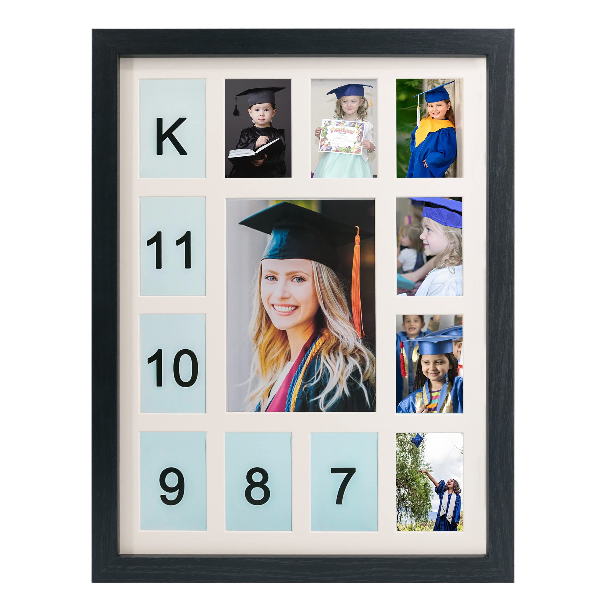 GMFrames School Days Photo Frame K-12 School Years Picture Frame Graduation Photo Collage Black Frame with Mat, Displays One 5x7