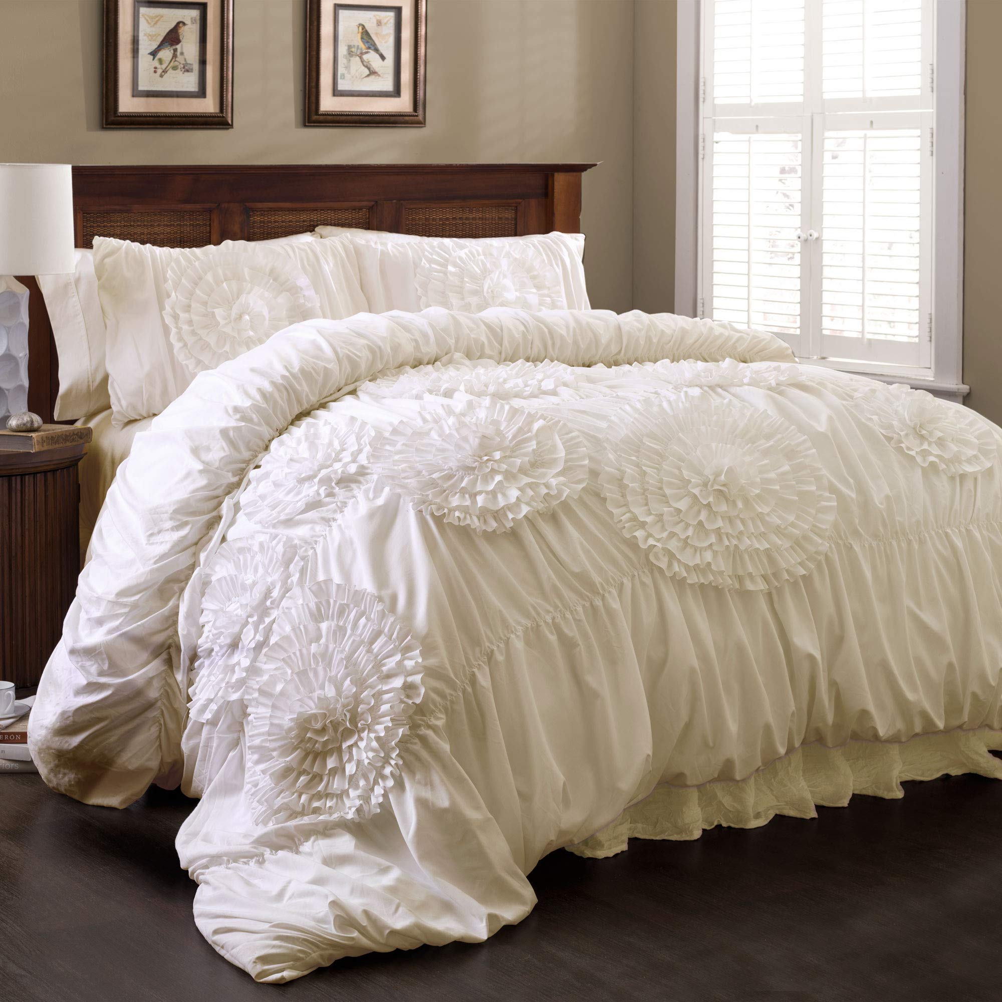 Lush Decor Serena Comforter Set, 3 Piece Set, King, Ivory - Ruched Ruffled Flower Design - Romantic Ruffle Bedding Set - Vintage